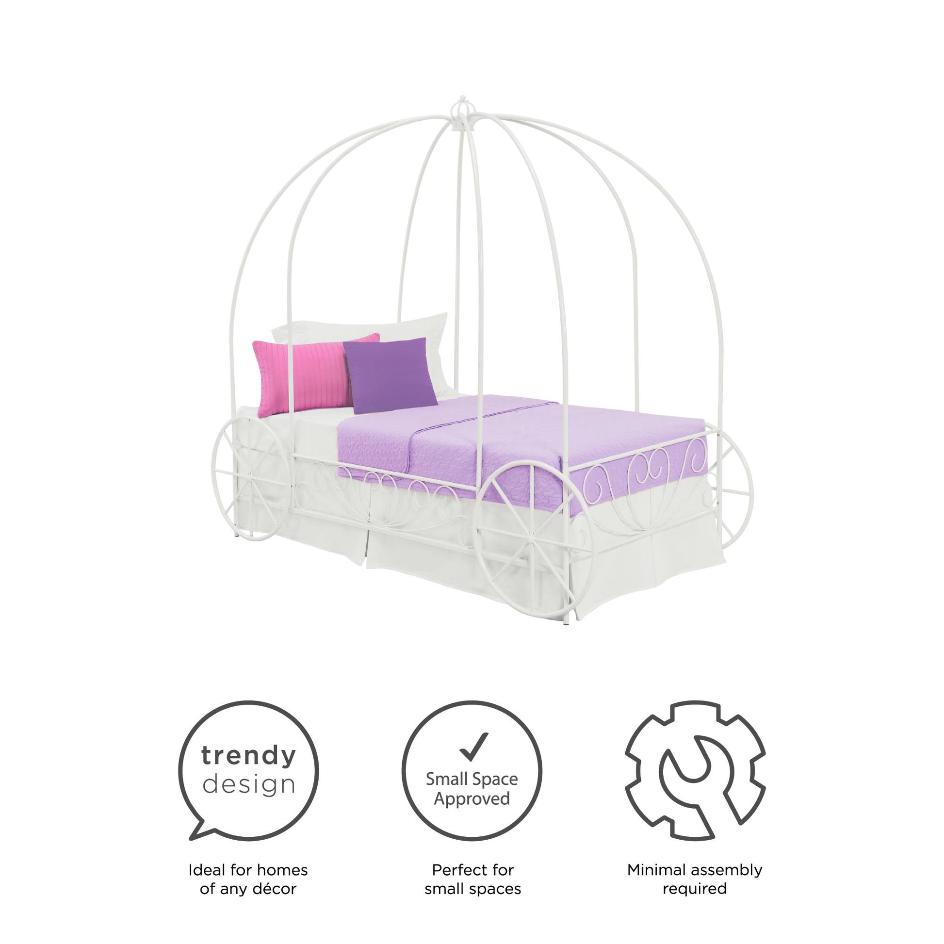 Metal Twin Carriage Bed Whimsical and Scrolled Design - White - Twin