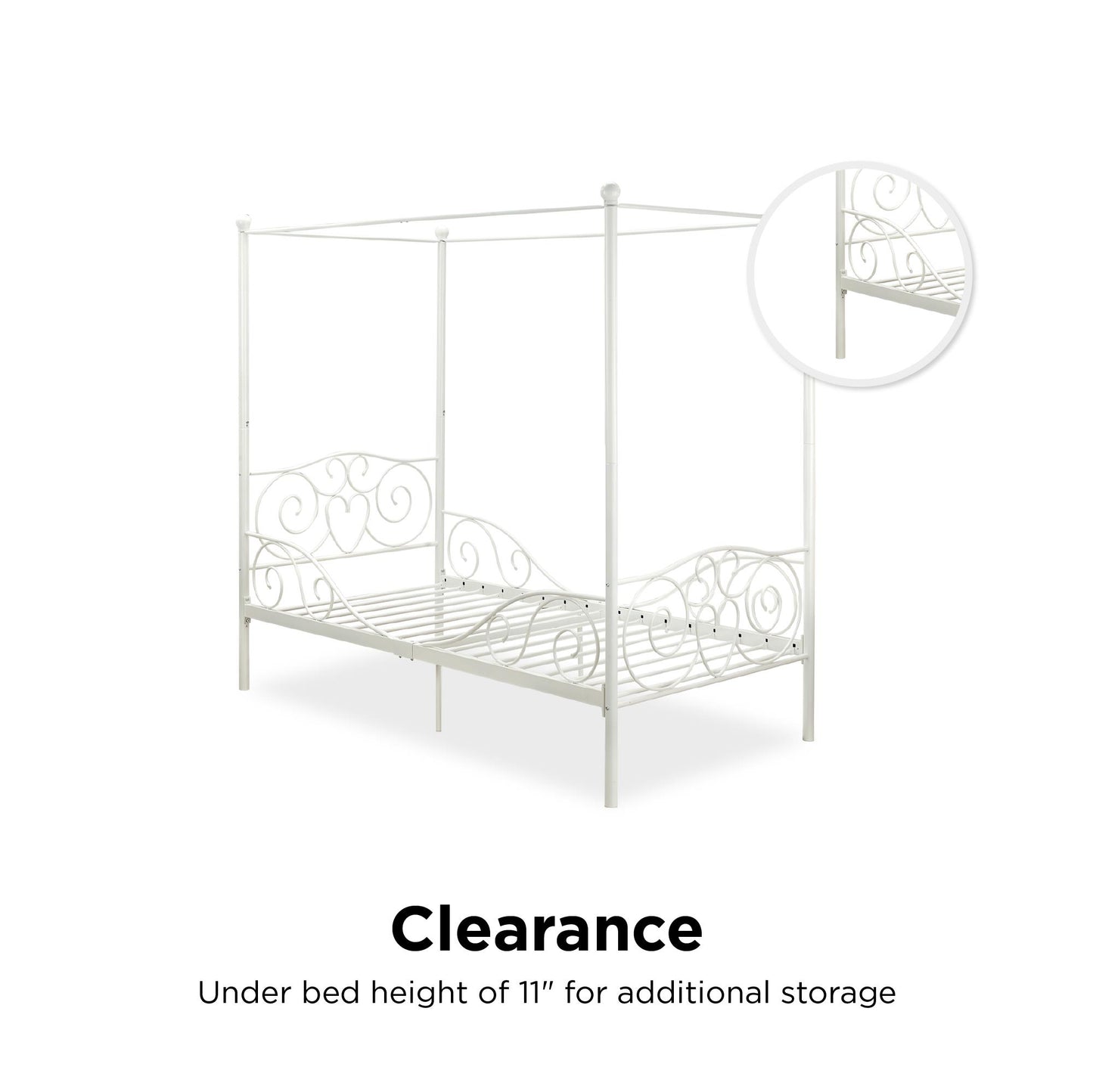 Canopy Metal Bed Frame with Intricate Design Headboard and Secured Slats - White - Twin