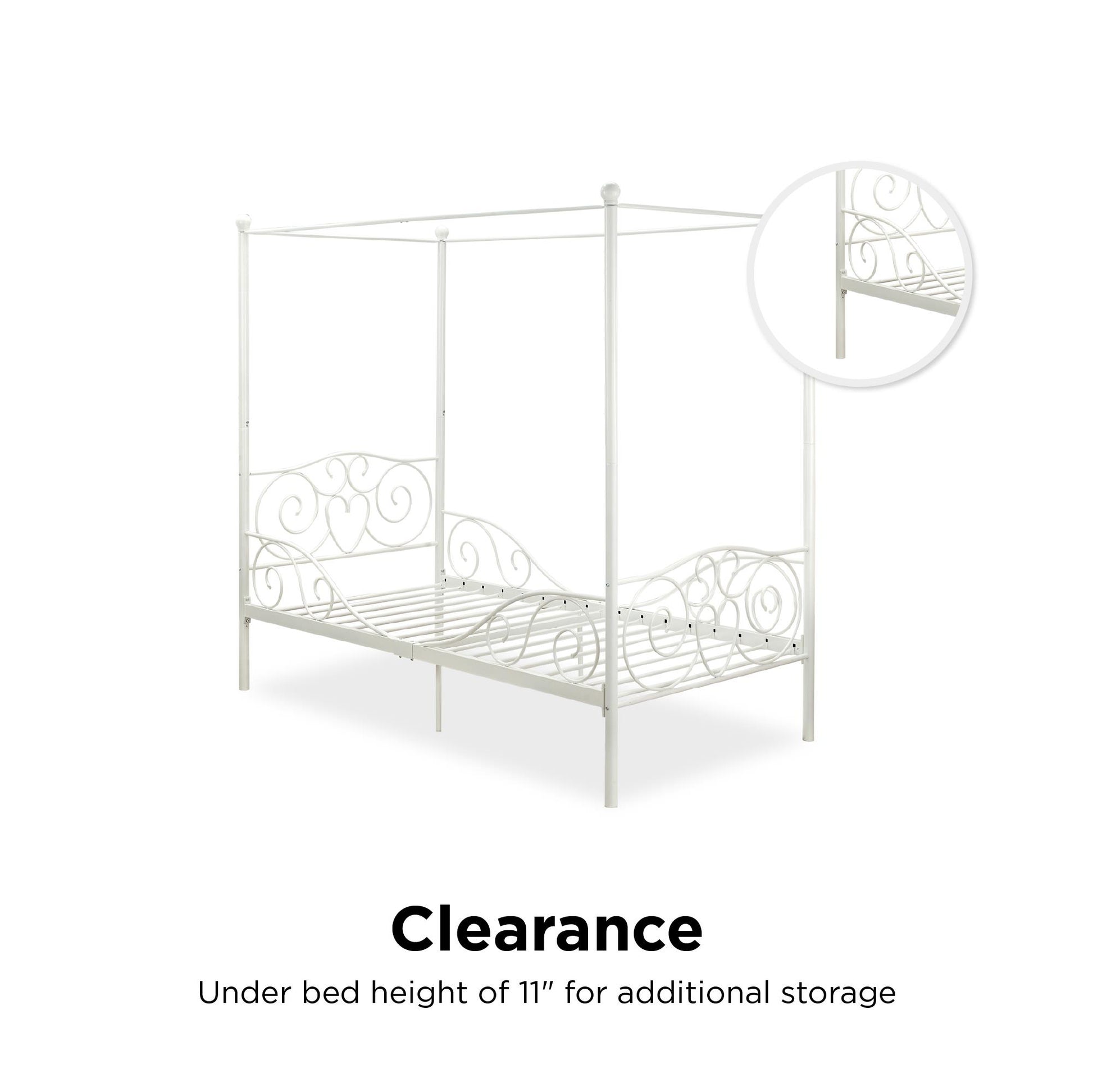 Canopy Metal Bed Frame with Intricate Design Headboard and Secured Slats - White - Twin