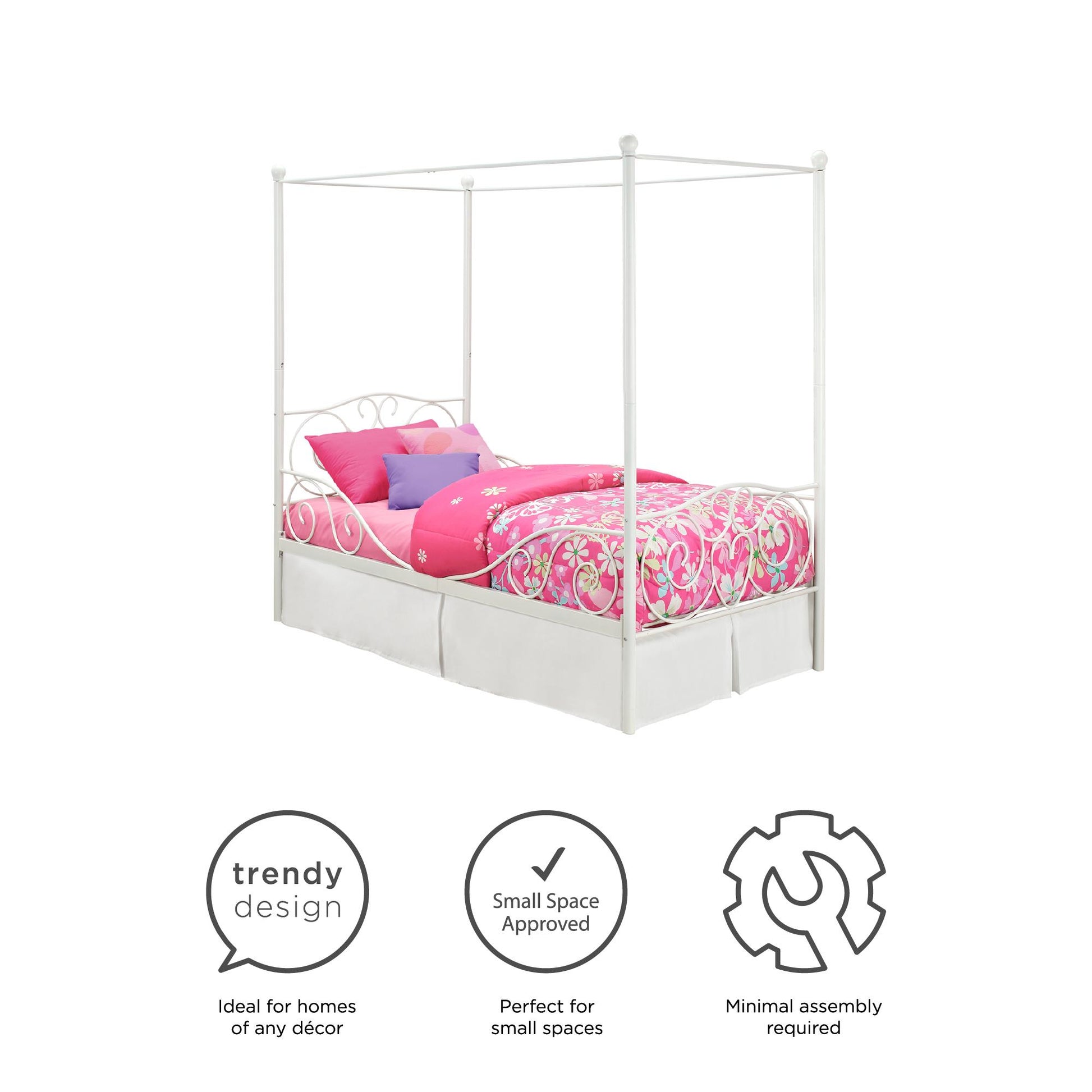 Canopy Metal Bed Frame with Intricate Design Headboard and Secured Slats - White - Twin