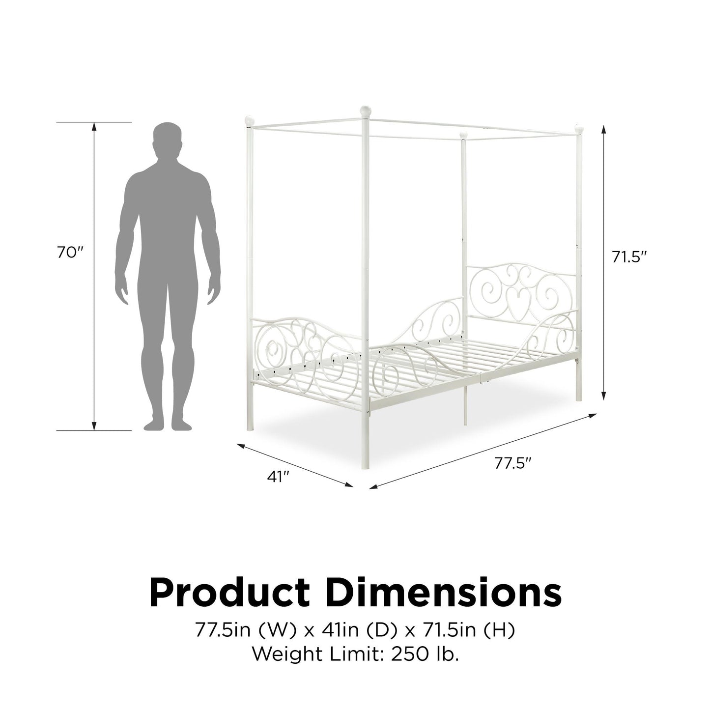 Canopy Metal Bed Frame with Intricate Design Headboard and Secured Slats - White - Twin