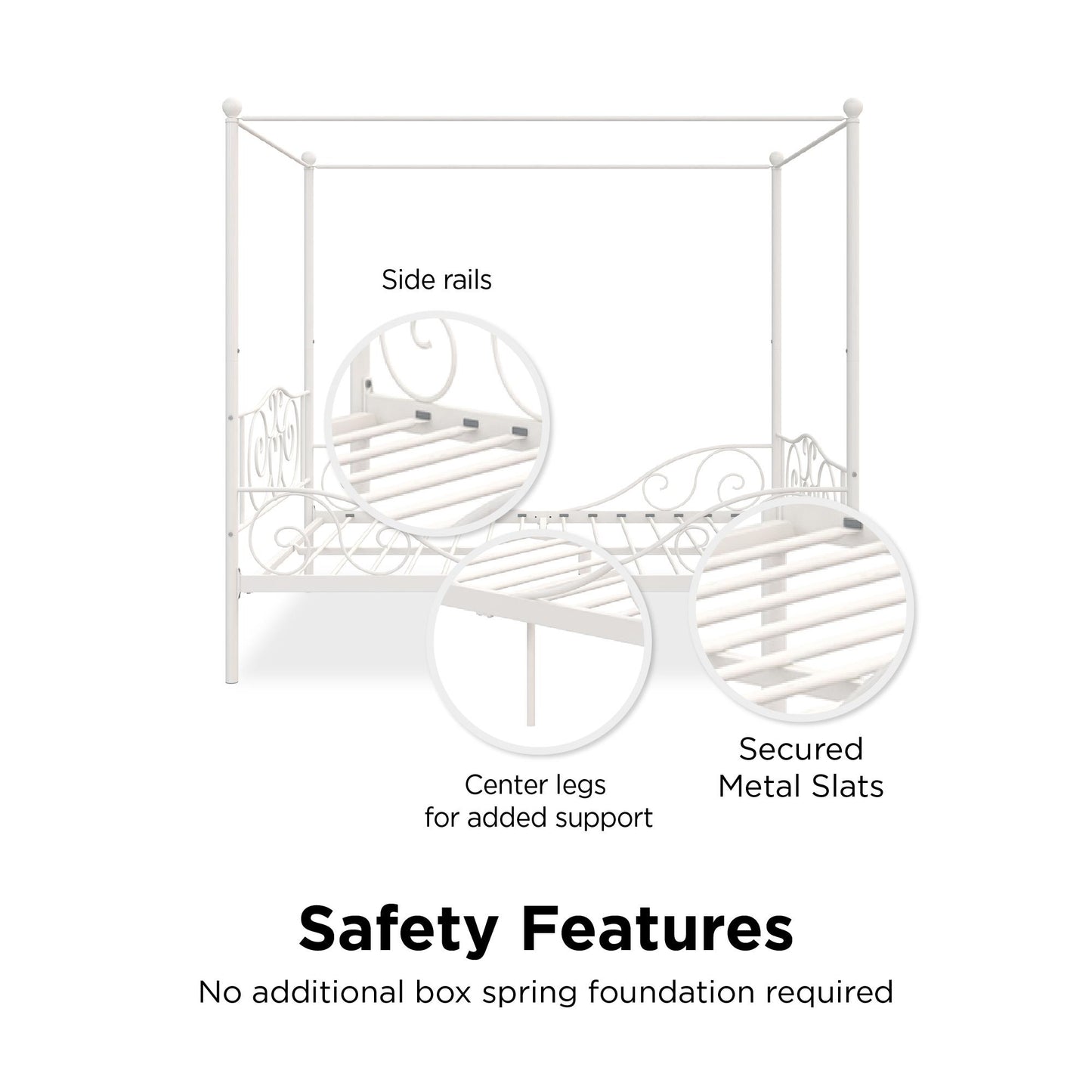 Canopy Metal Bed Frame with Intricate Design Headboard and Secured Slats - White - Full