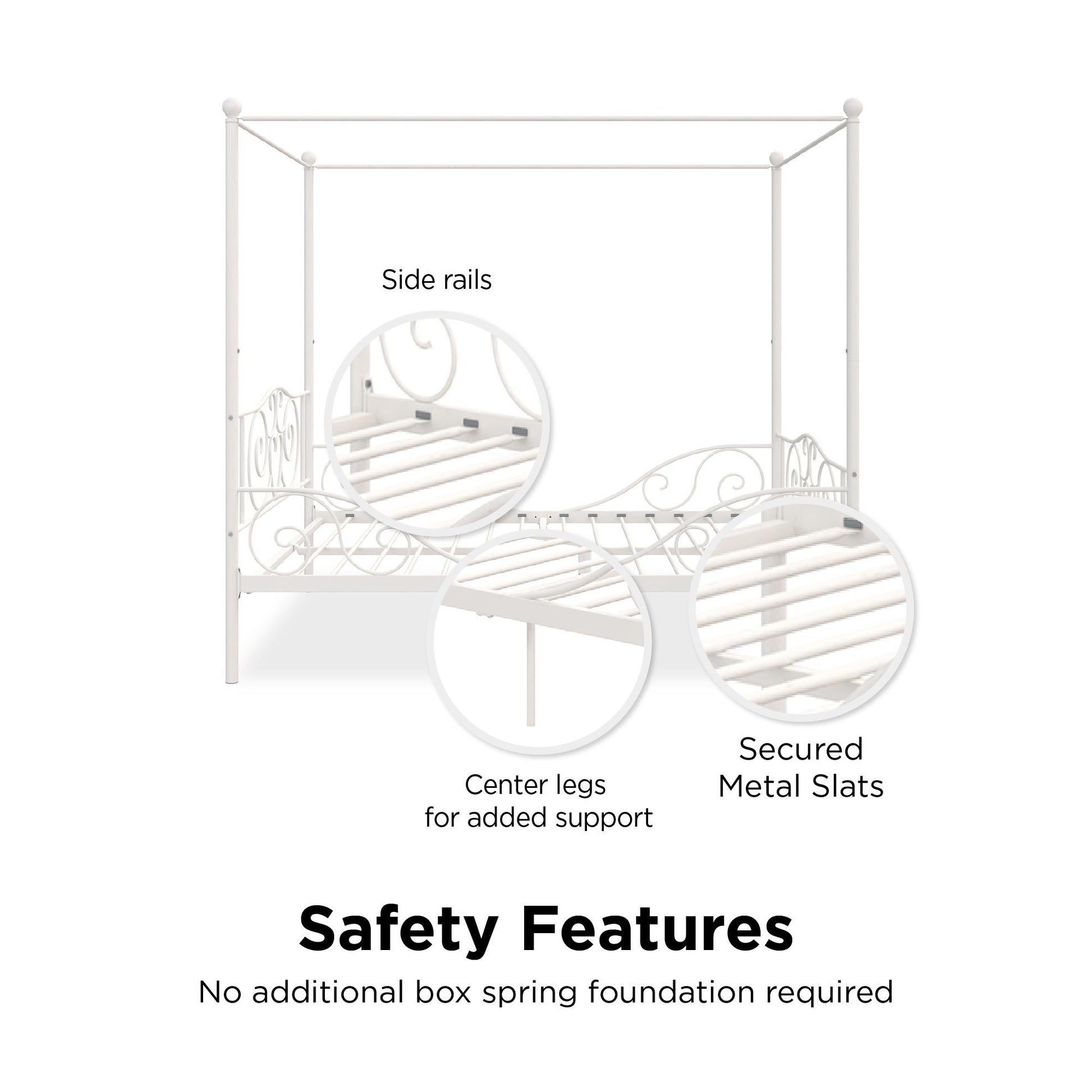 Canopy Metal Bed Frame with Intricate Design Headboard and Secured Slats - White - Full