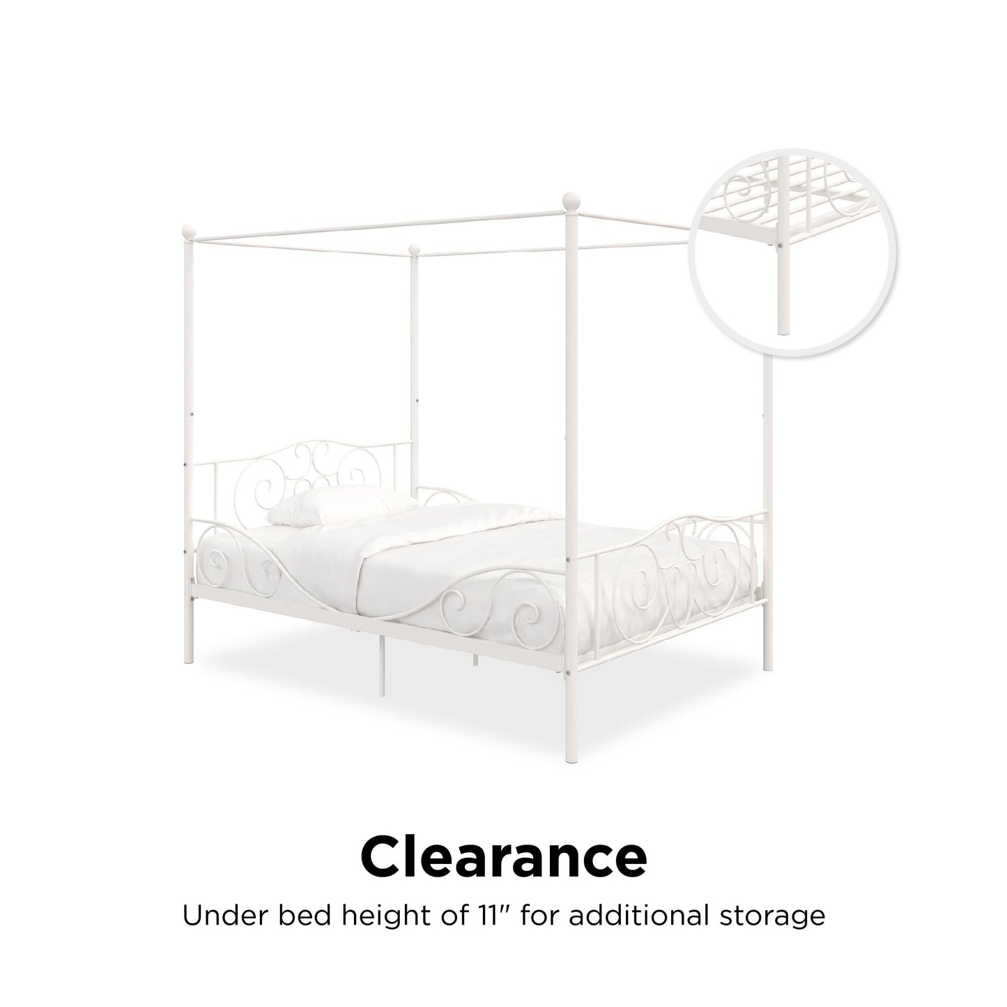 Canopy Metal Bed Frame with Intricate Design Headboard and Secured Slats - White - Full