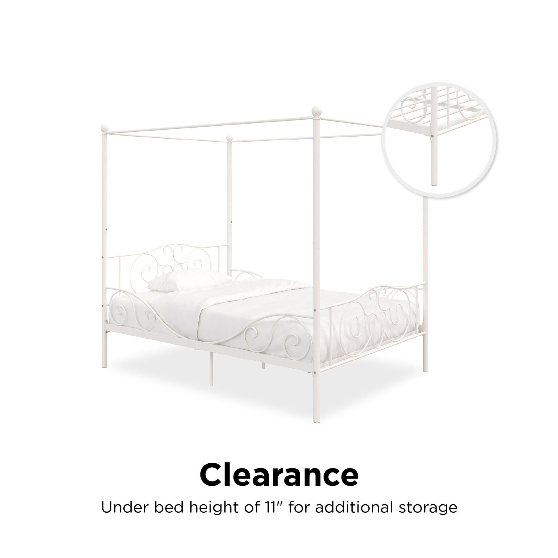 Canopy Metal Bed Frame with Intricate Design Headboard and Secured Slats - White - Full