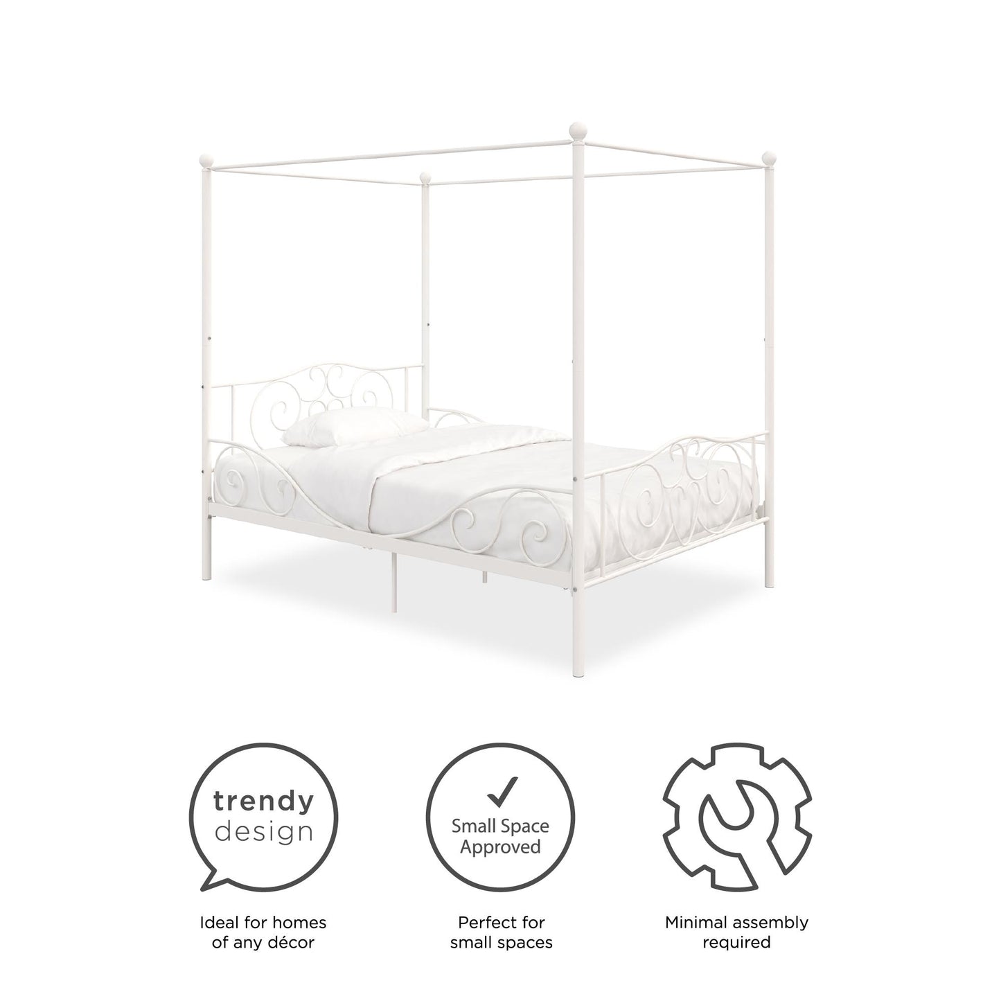 Canopy Metal Bed Frame with Intricate Design Headboard and Secured Slats - White - Full