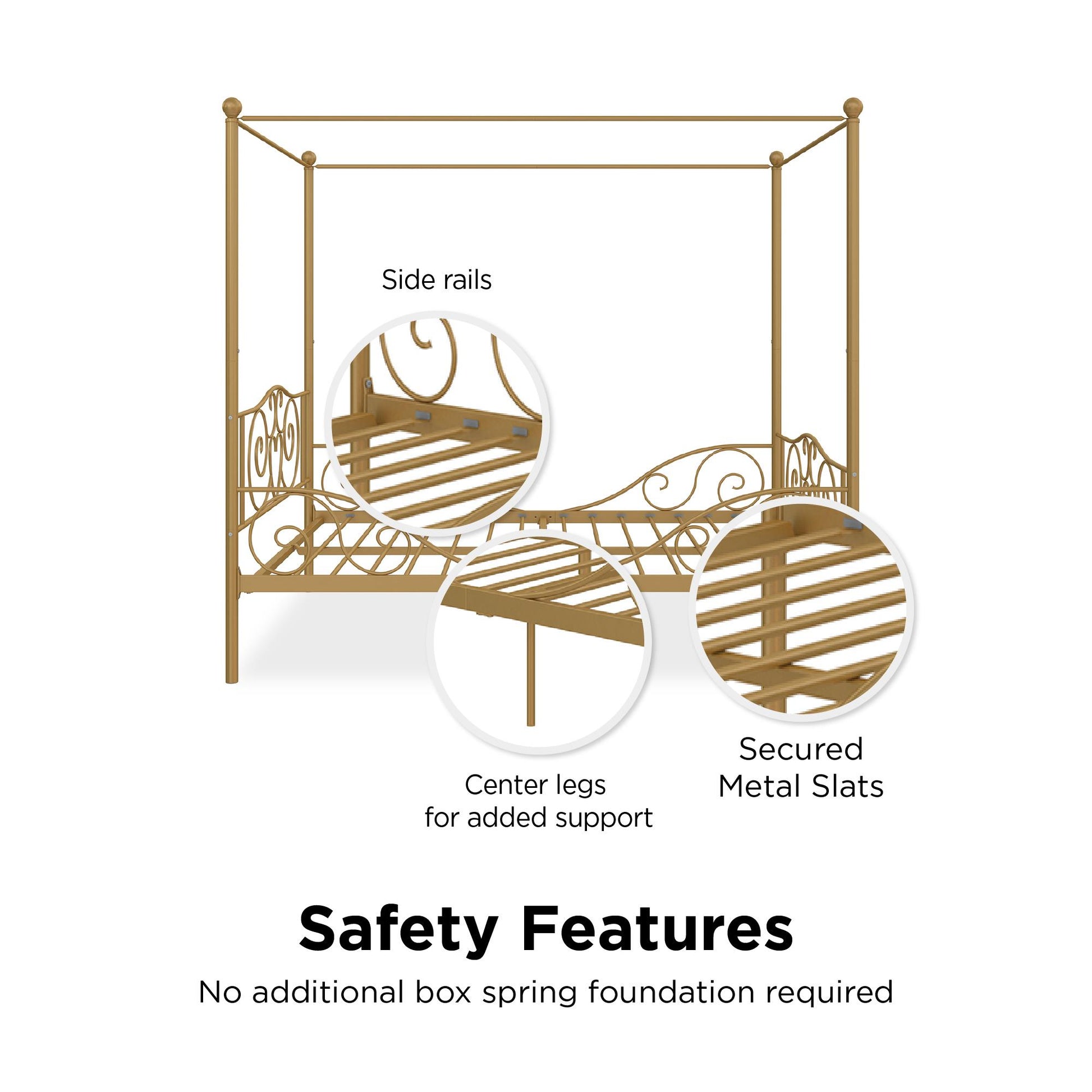 Canopy Metal Bed Frame with Intricate Design Headboard and Secured Slats - Gold - Full