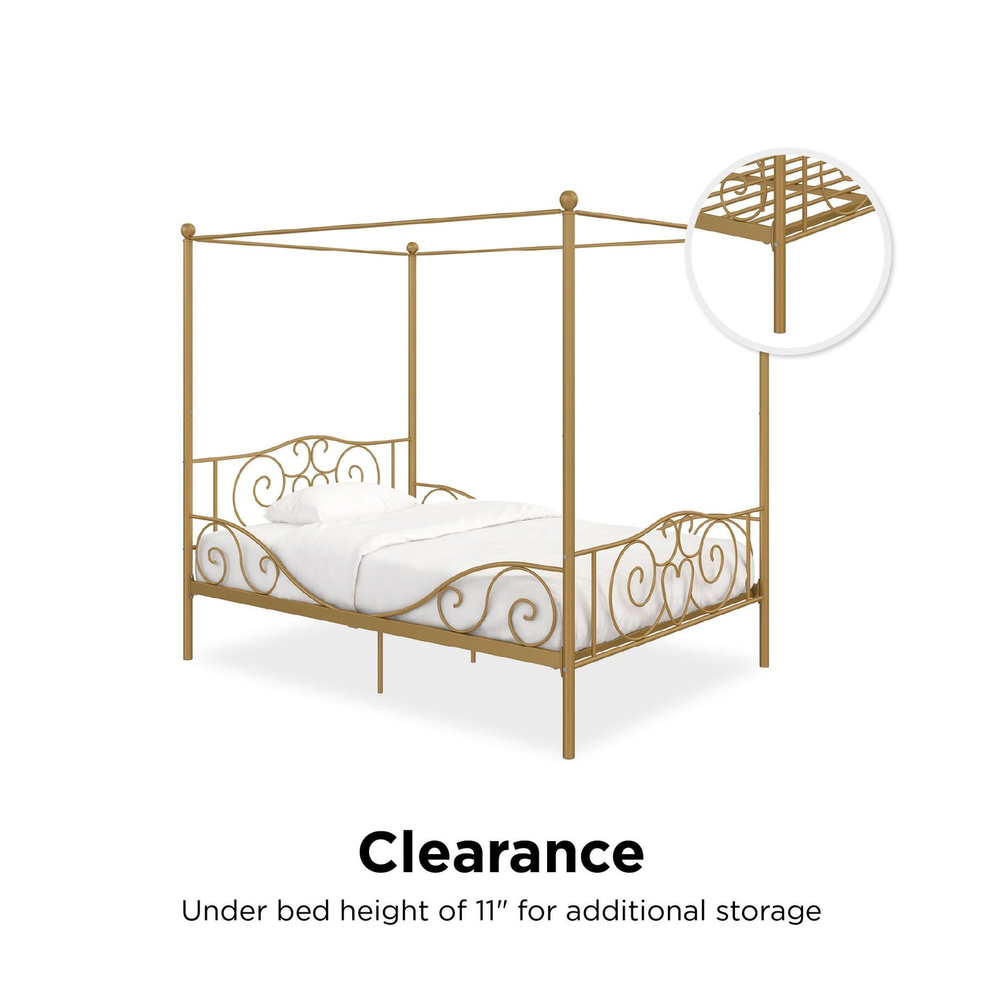 Canopy Metal Bed Frame with Intricate Design Headboard and Secured Slats - Gold - Full