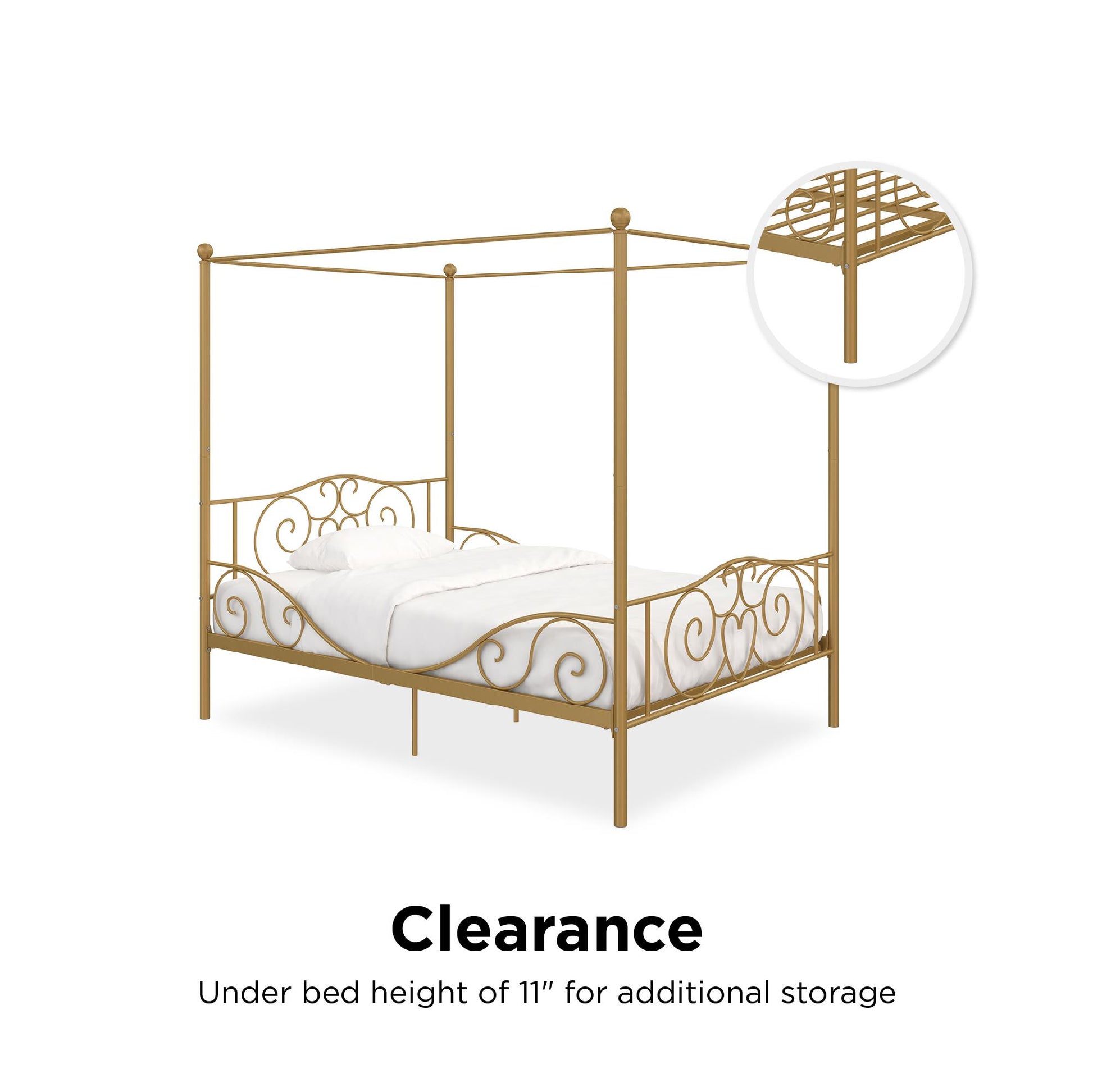 Canopy Metal Bed Frame with Intricate Design Headboard and Secured Slats - Gold - Full