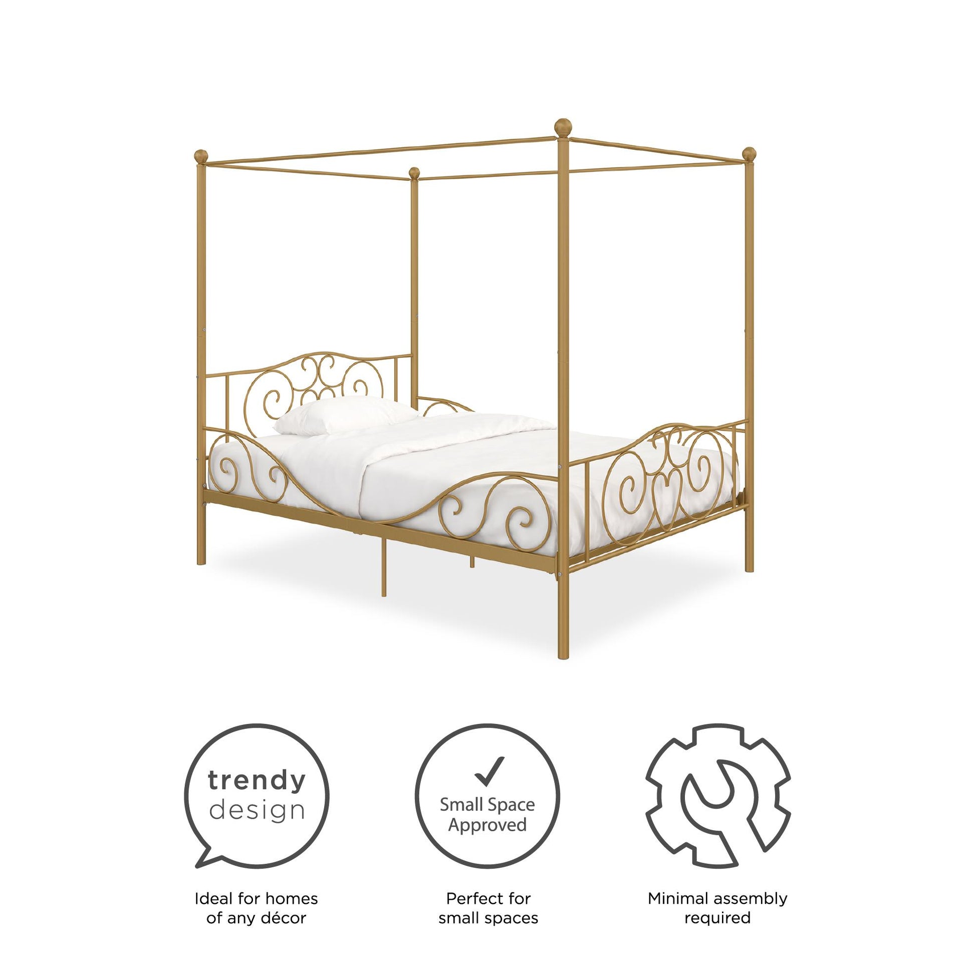 Canopy Metal Bed Frame with Intricate Design Headboard and Secured Slats - Gold - Full