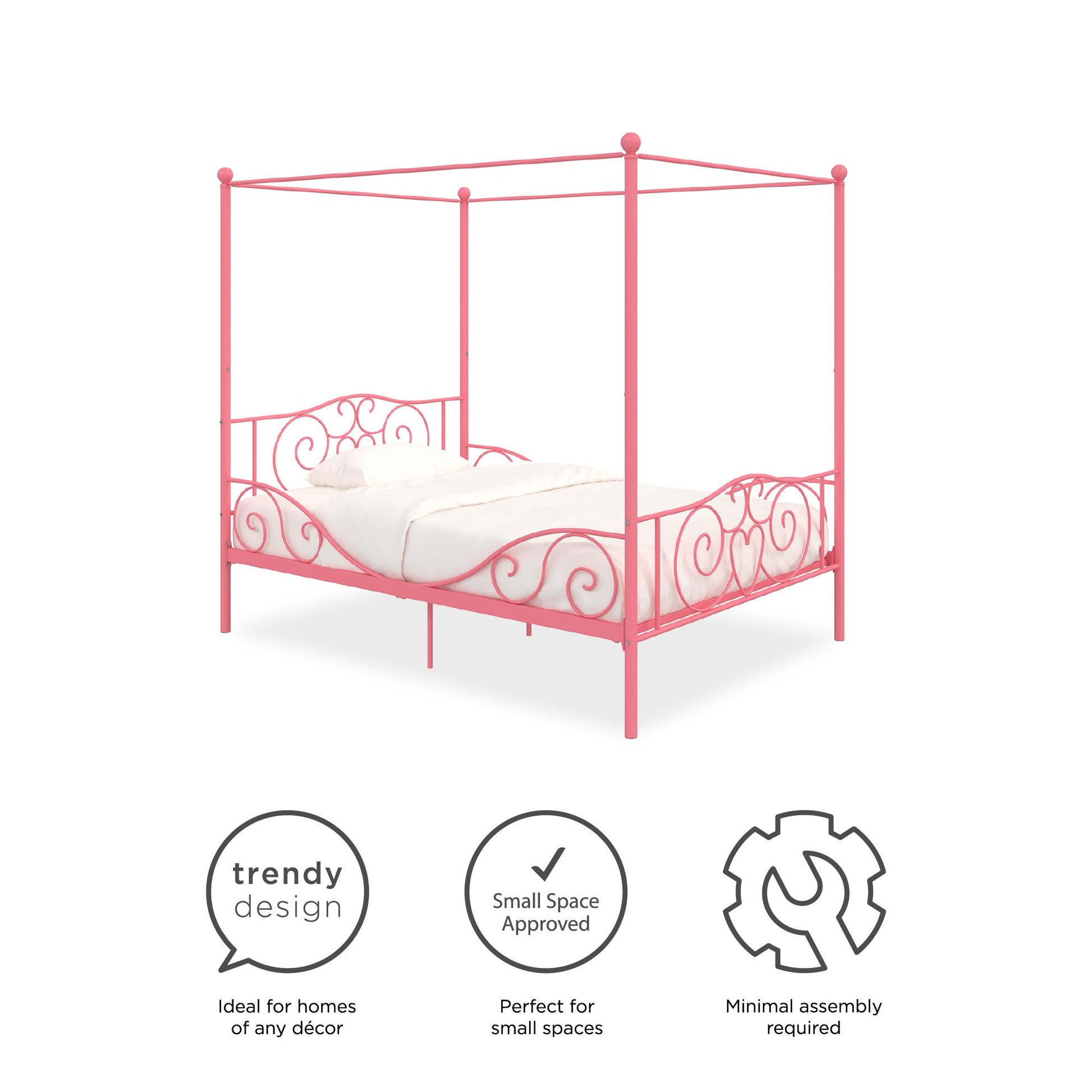 Canopy Metal Bed Frame with Intricate Design Headboard and Secured Slats - Pink - Full