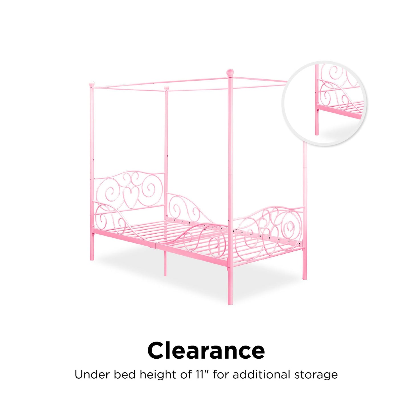 Canopy Metal Bed Frame with Intricate Design Headboard and Secured Slats - Pink - Twin