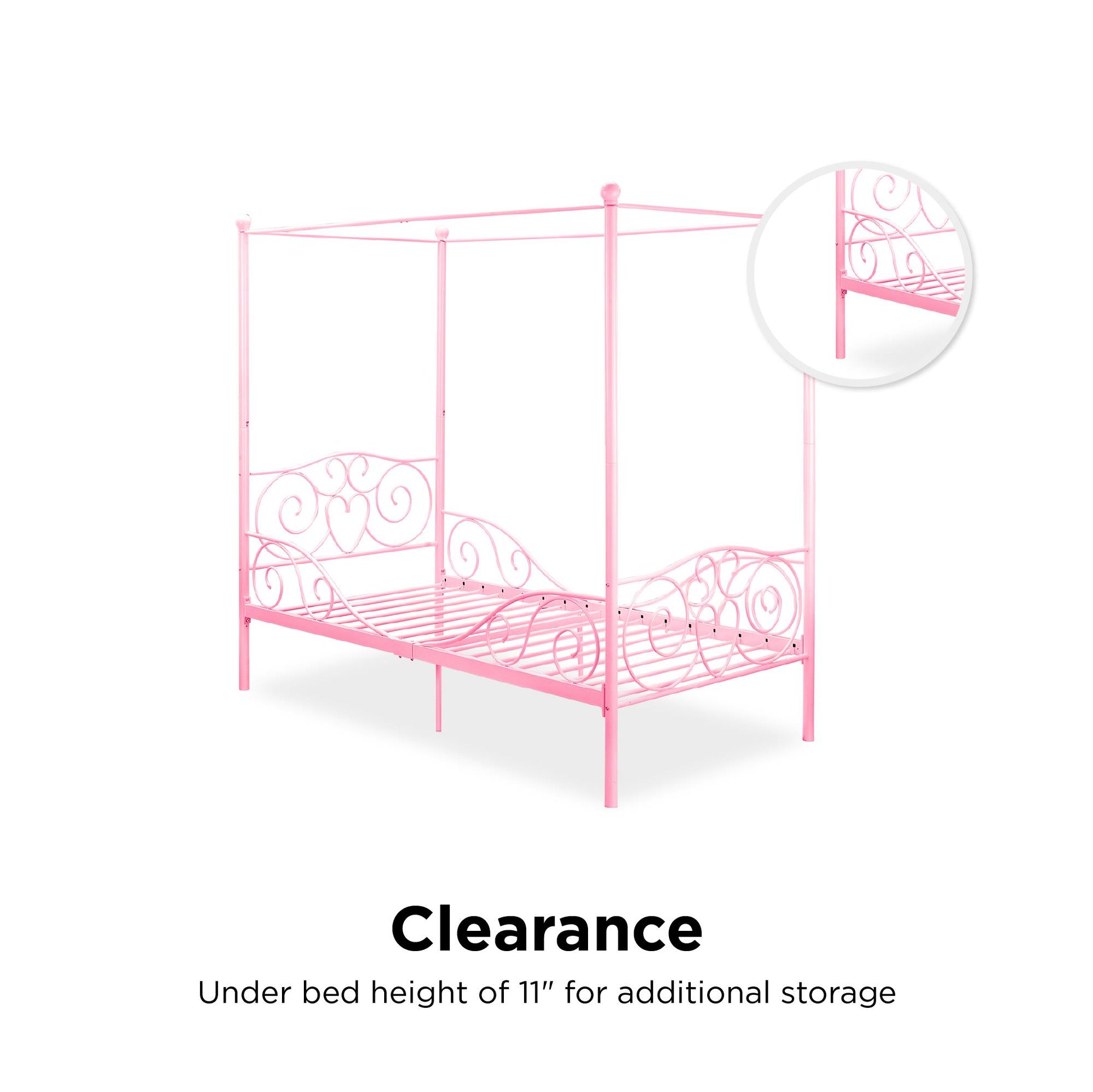 Canopy Metal Bed Frame with Intricate Design Headboard and Secured Slats - Pink - Twin