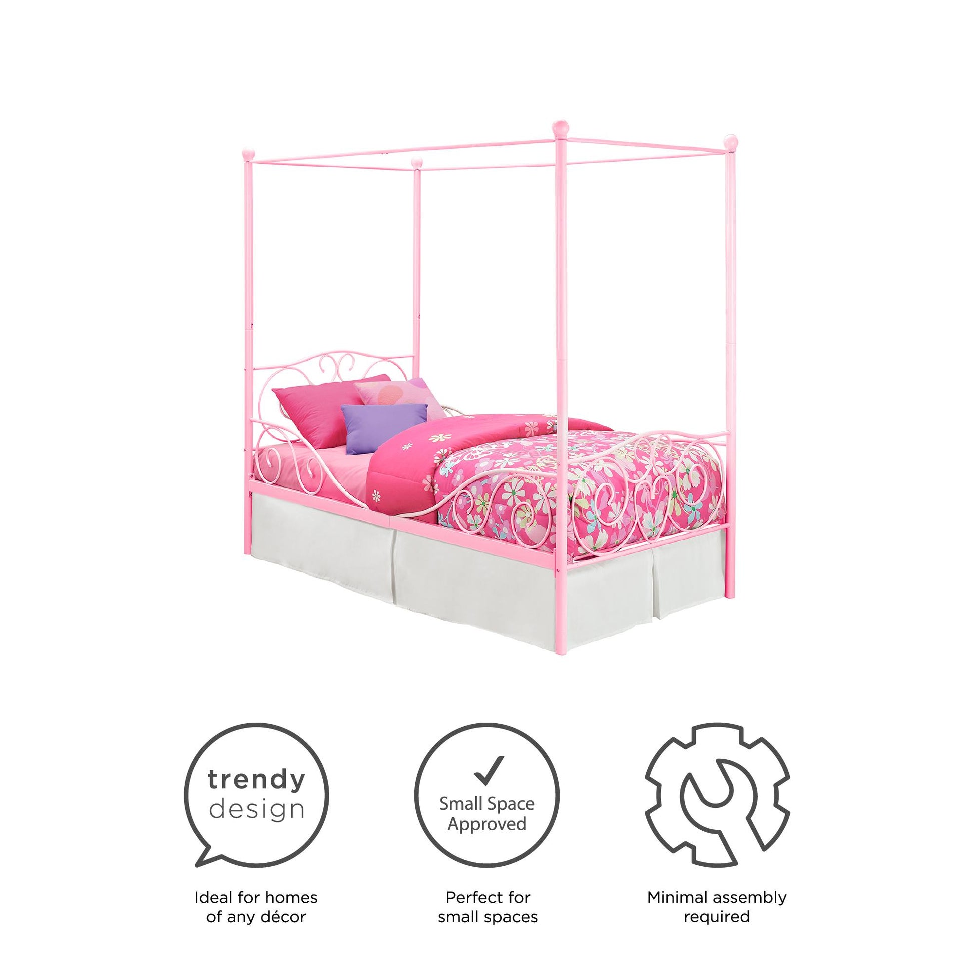 Canopy Metal Bed Frame with Intricate Design Headboard and Secured Slats - Pink - Twin