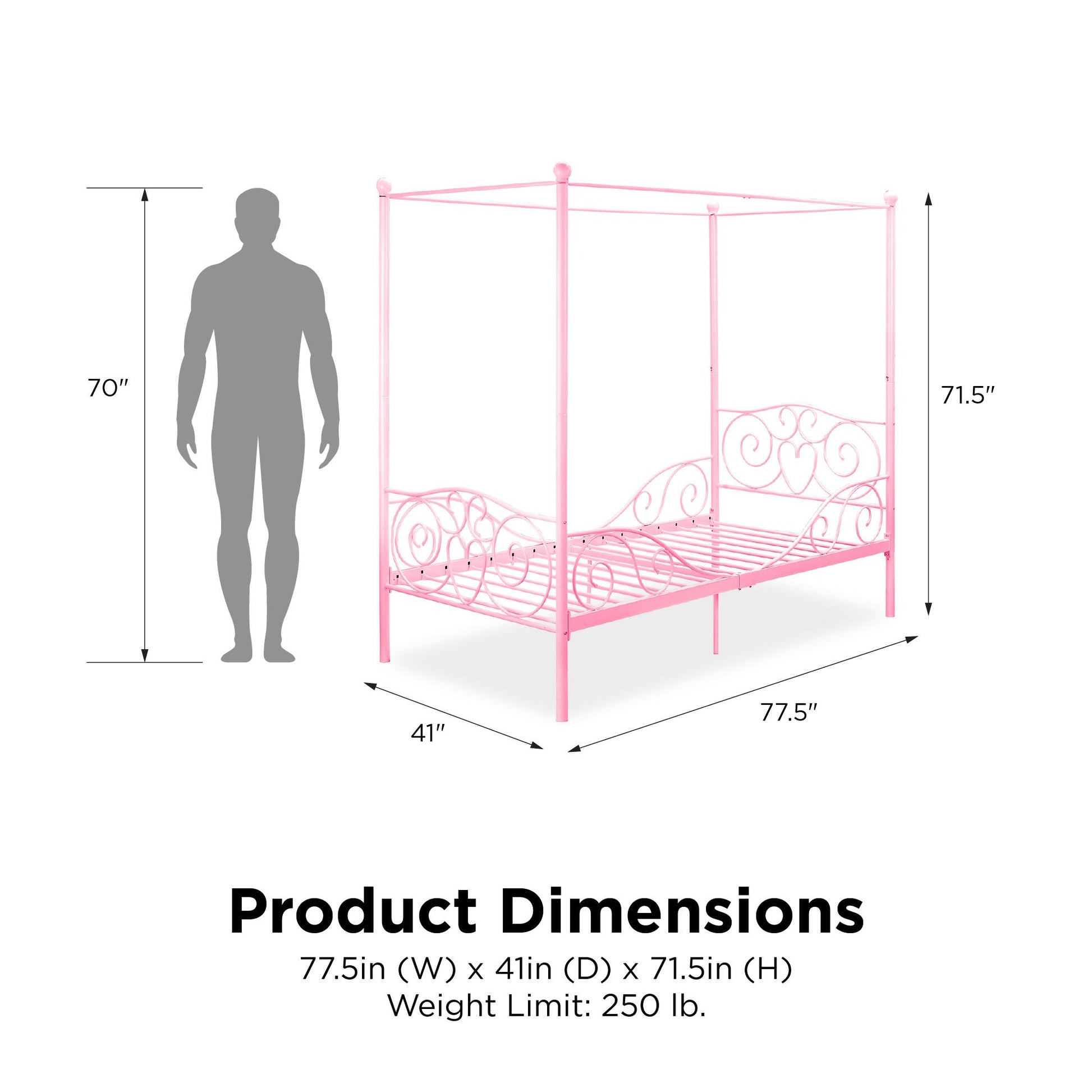 Canopy Metal Bed Frame with Intricate Design Headboard and Secured Slats - Pink - Twin