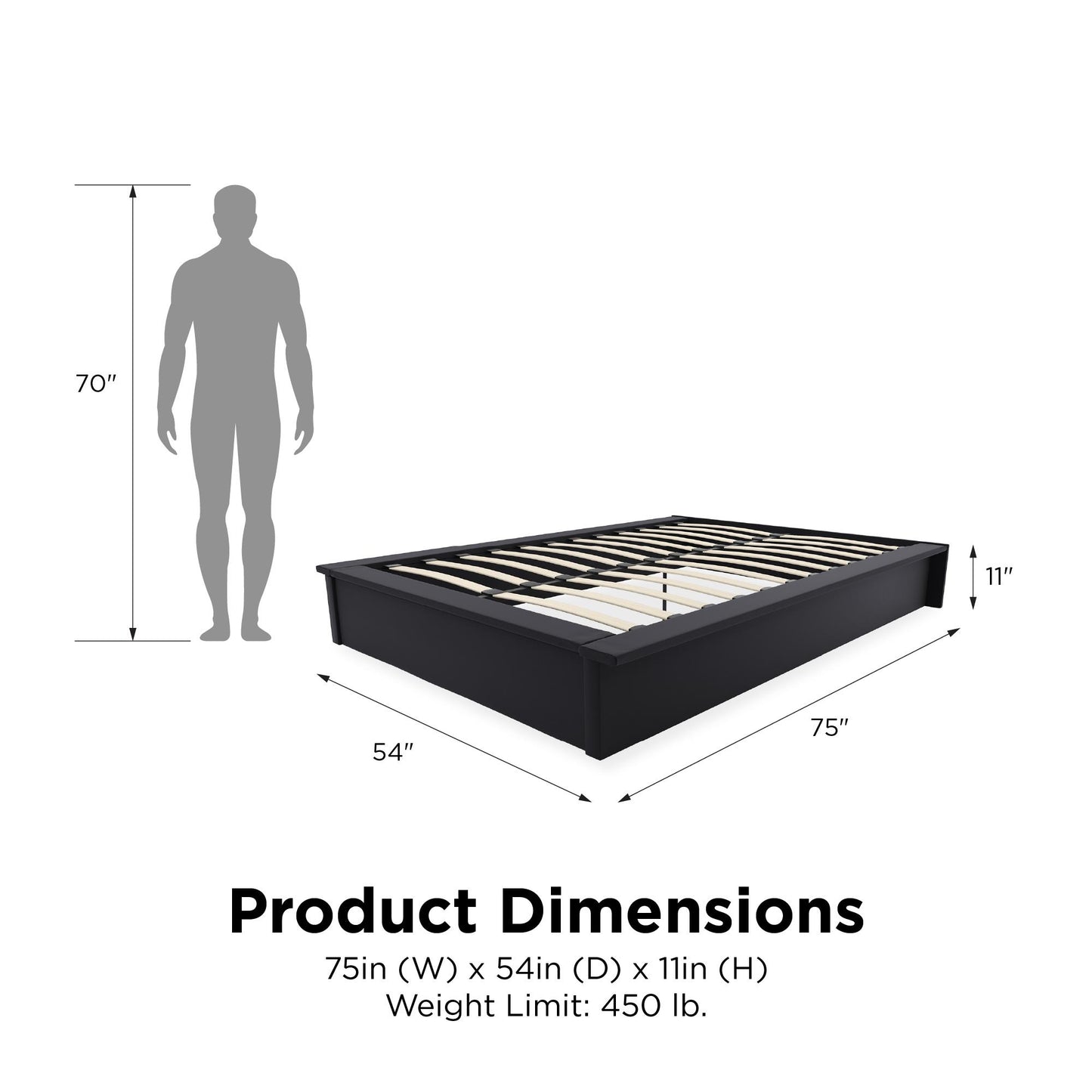 Maven Upholstered Bed with Modern Low Profile Design - Black - Full