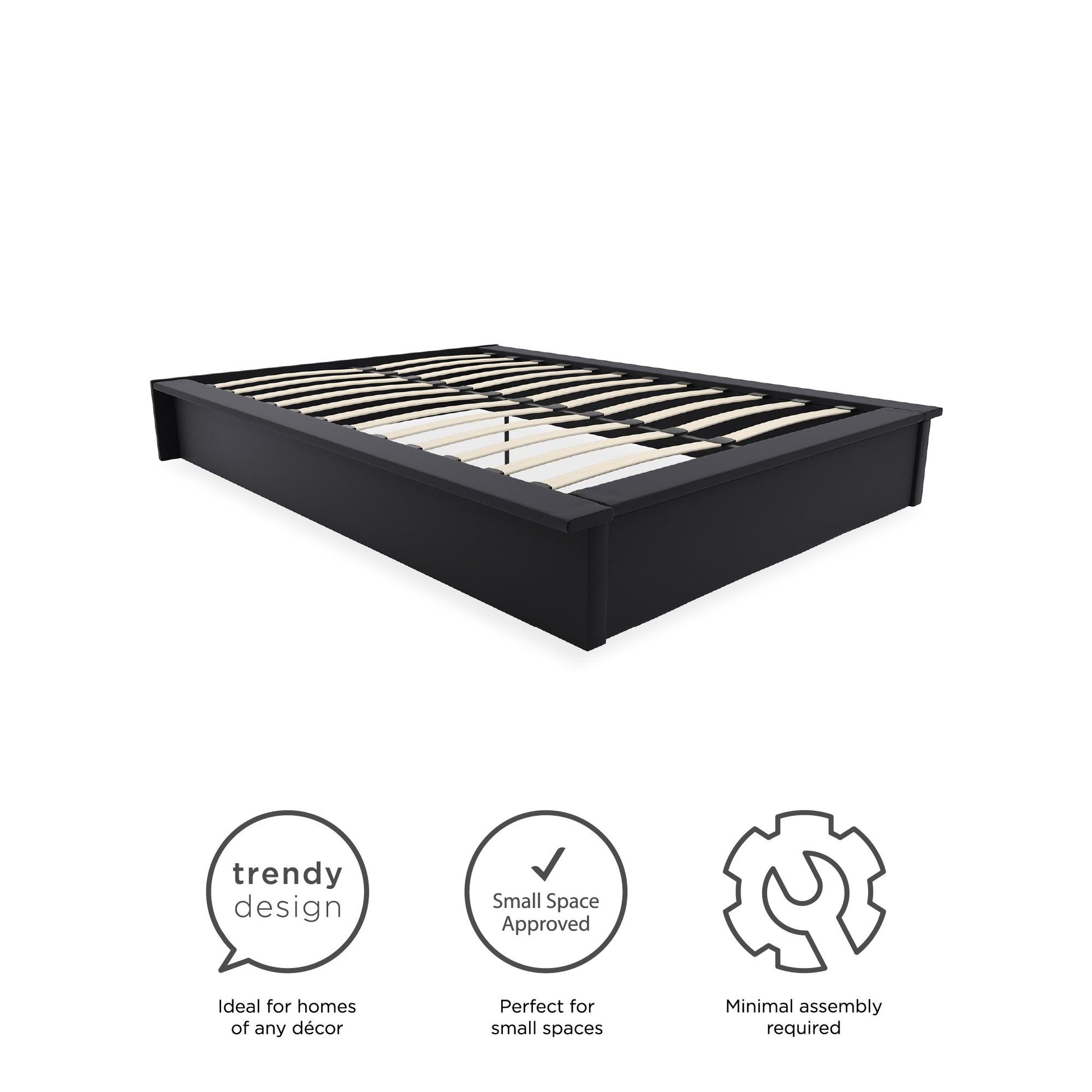 Maven Upholstered Bed with Modern Low Profile Design - Black - Queen