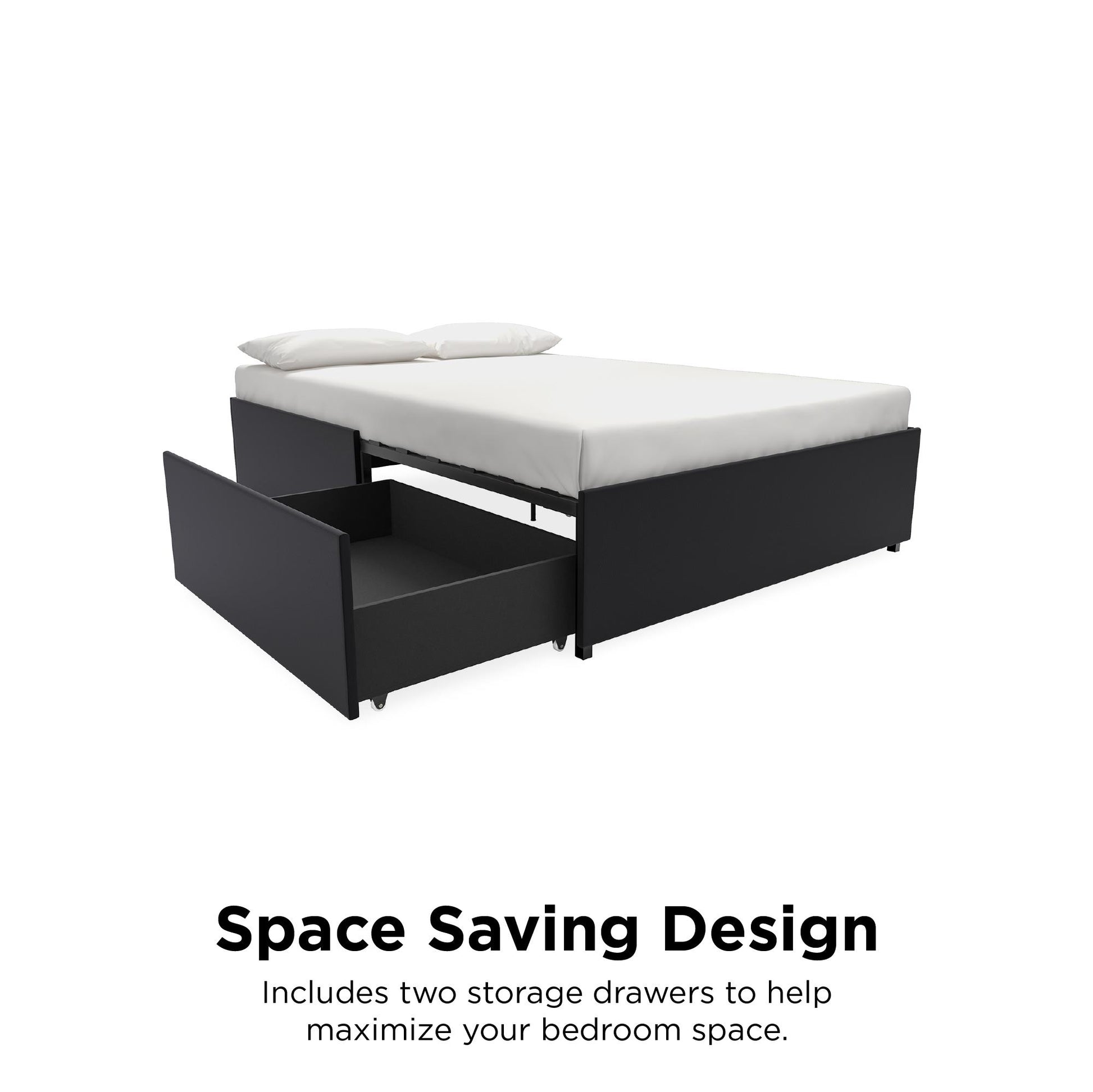 Maven Platform Bed with 2 Rollout Drawers for Storage - Black Faux Leather - Full