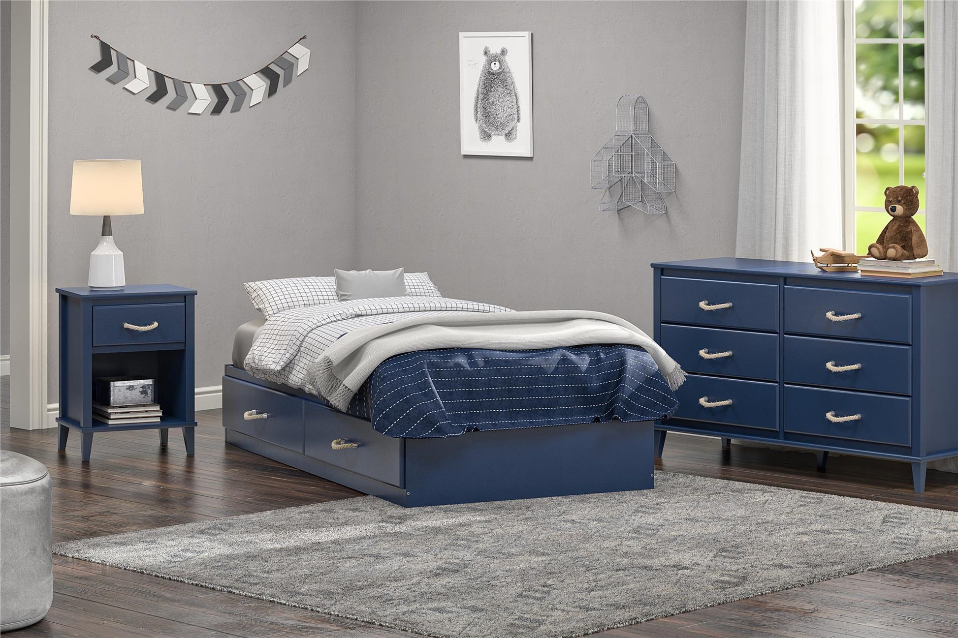 Sierra Ridge Mesa Bed with 2 Large Storage Drawers and Rope Pulls - Blue - Twin
