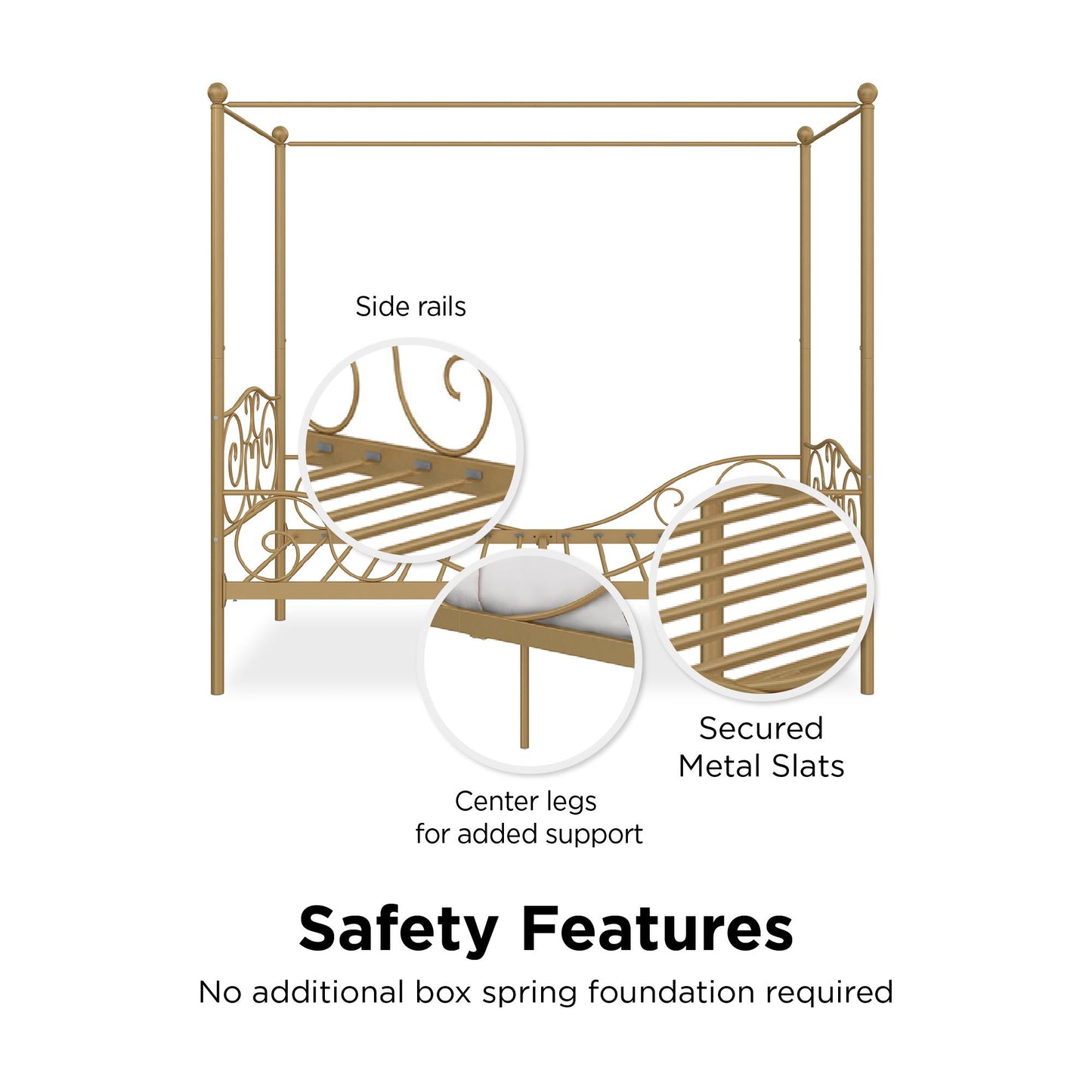 Canopy Metal Bed Frame with Intricate Design Headboard and Secured Slats - Gold - Twin