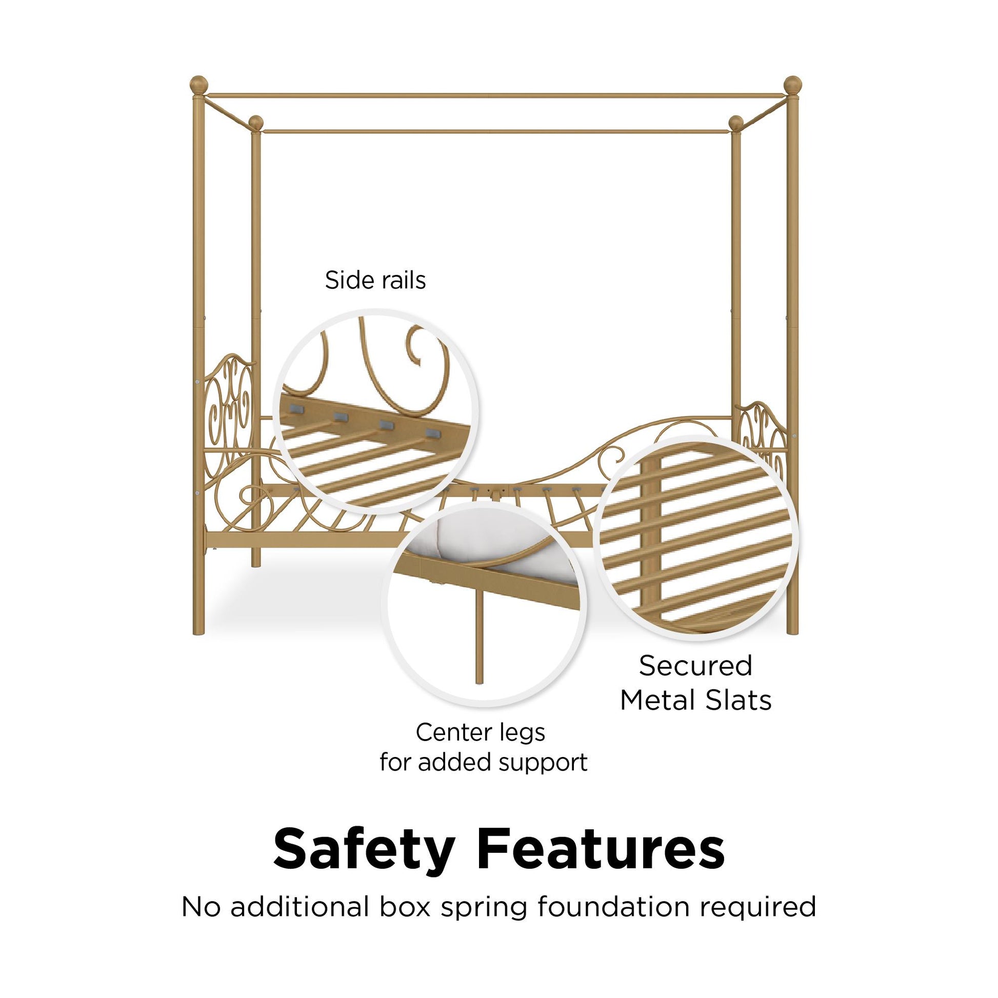 Canopy Metal Bed Frame with Intricate Design Headboard and Secured Slats - Gold - Twin