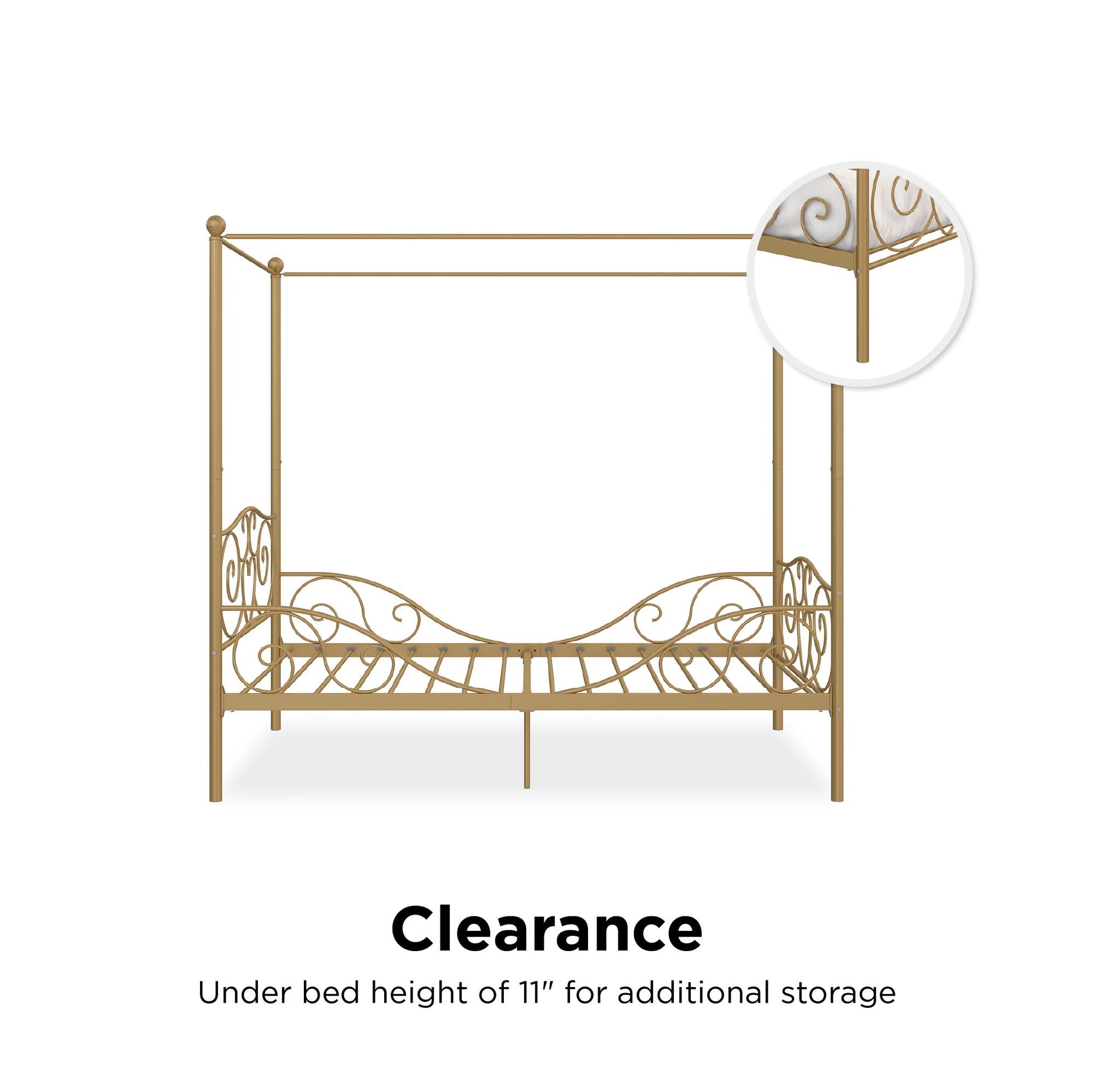 Canopy Metal Bed Frame with Intricate Design Headboard and Secured Slats - Gold - Twin
