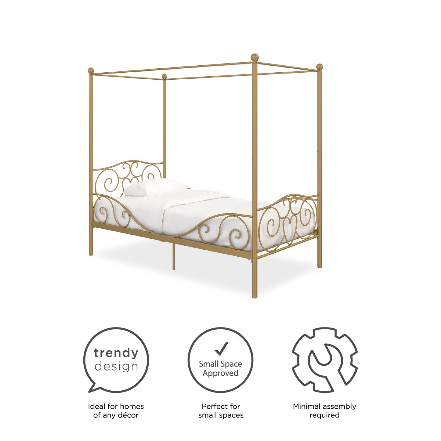 Canopy Metal Bed Frame with Intricate Design Headboard and Secured Slats - Gold - Twin