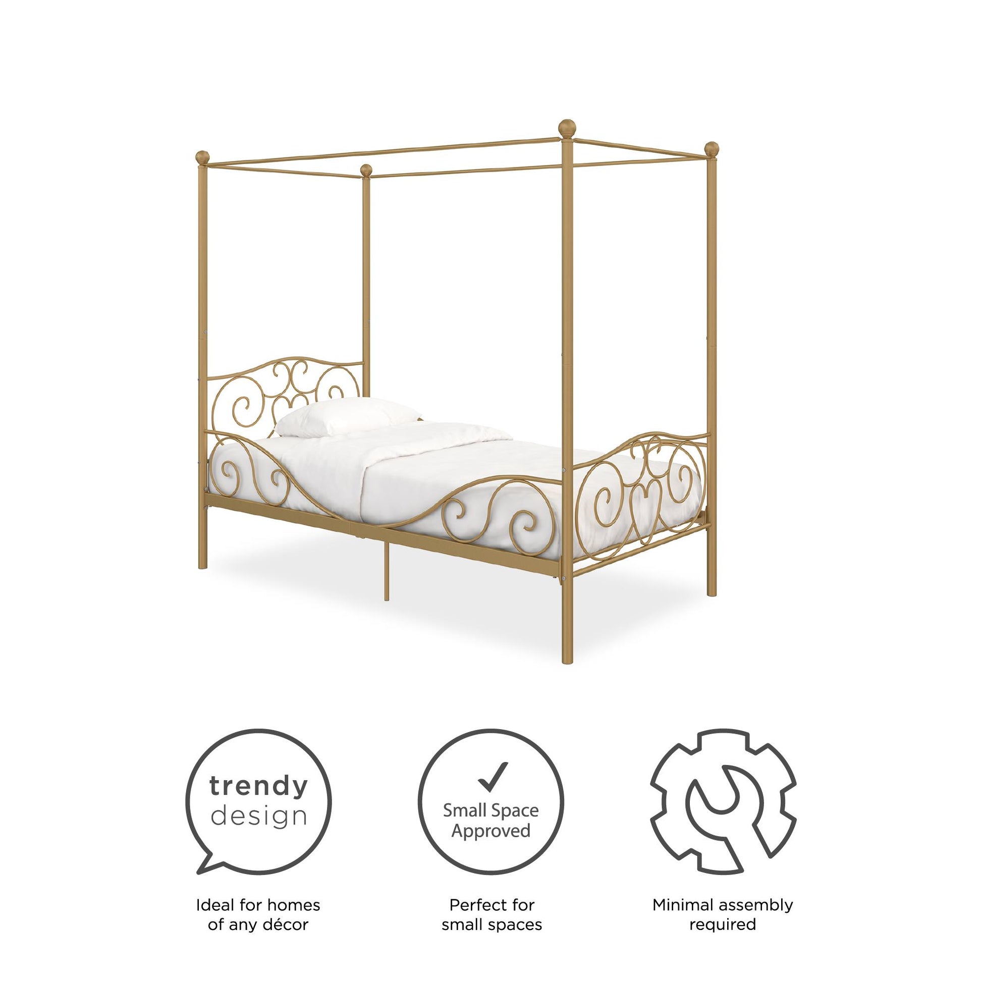 Canopy Metal Bed Frame with Intricate Design Headboard and Secured Slats - Gold - Twin