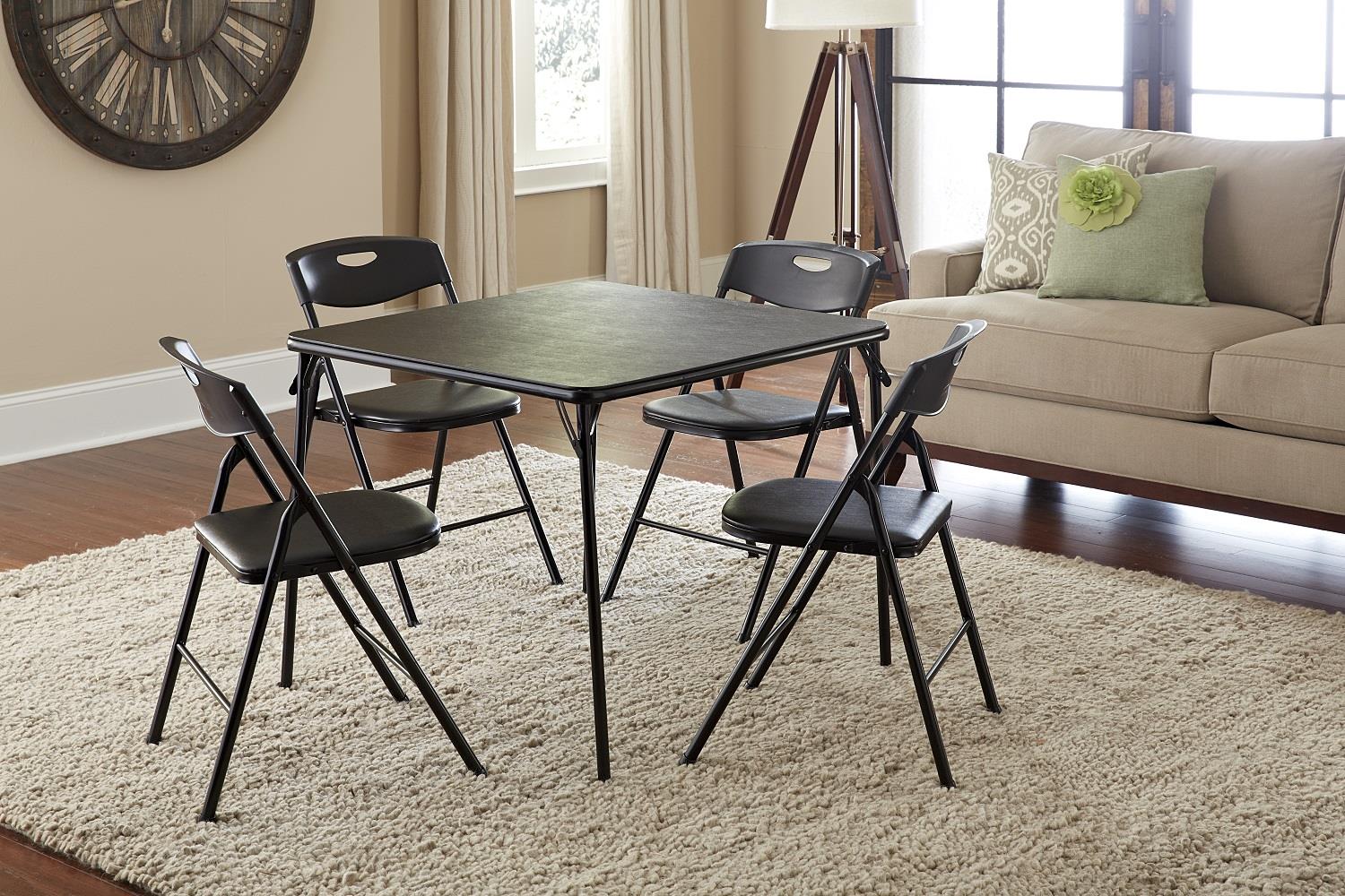 5 Piece Folding Dining Table and Chairs Set with Steel Frame and Vinyl Top - Black - 5 Piece
