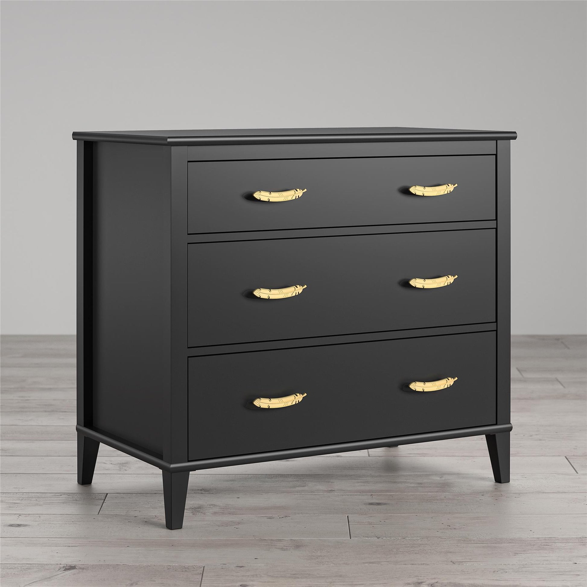 Monarch Hill Hawken 3 Drawer Dresser with Gold Feather Drawer Pull - Black
