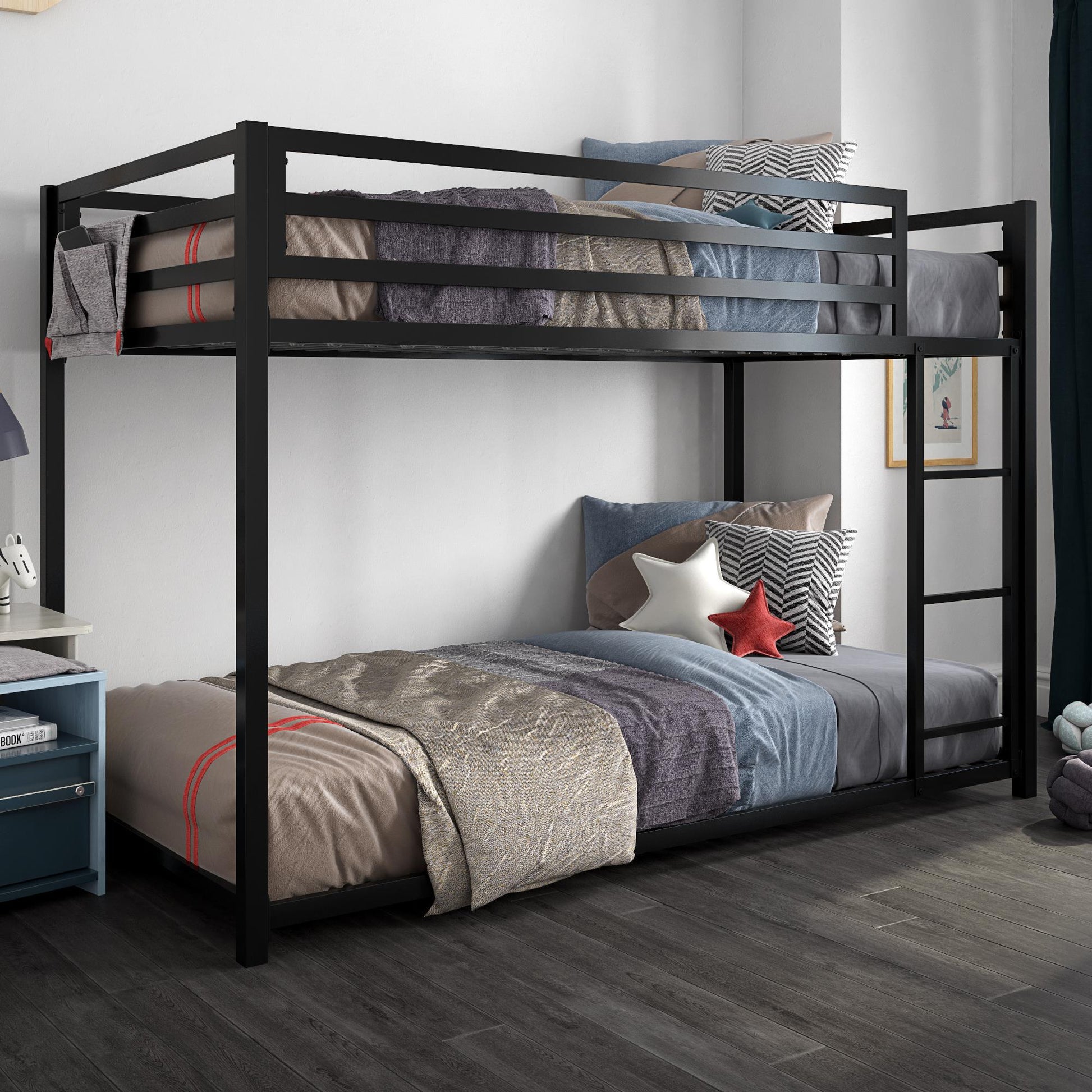 Miles Twin Over Twin Metal Bunk Bed with Secured Metal Slats and Integrated Ladder - Black - Twin-Over-Twin