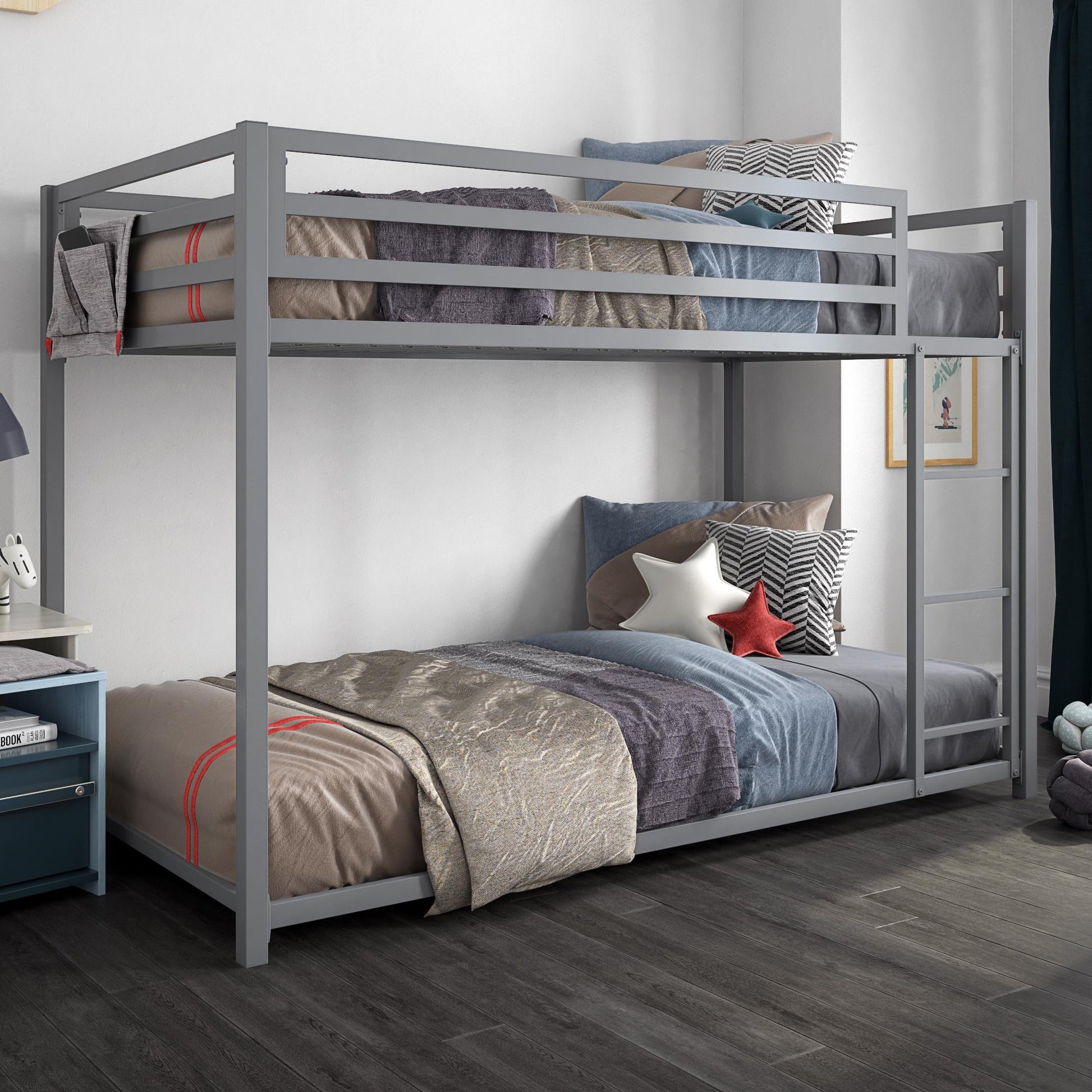 Miles Twin Over Twin Metal Bunk Bed with Secured Metal Slats and Integrated Ladder - Silver - Twin-Over-Twin