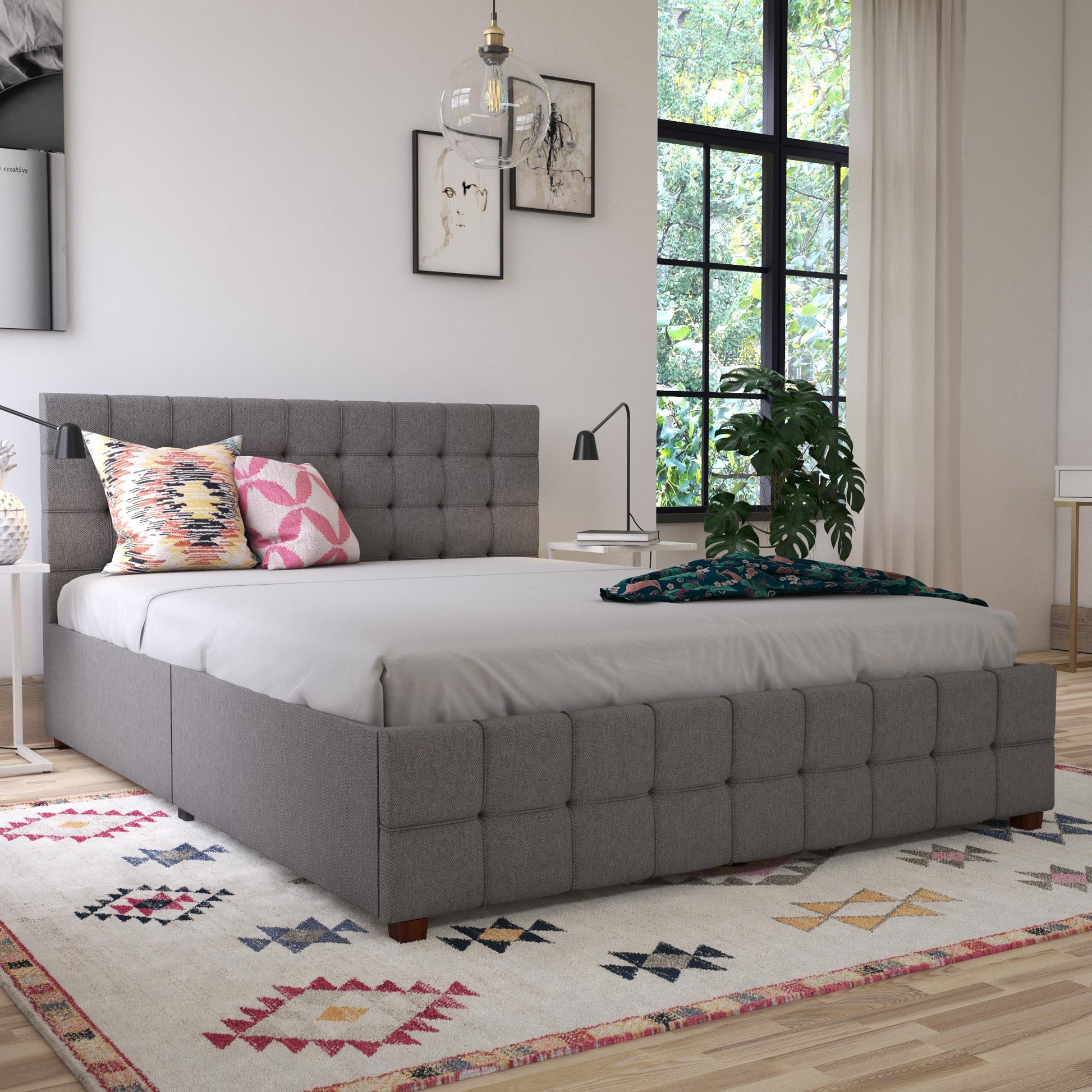 Elizabeth Upholstered Bed with Storage - Grey Linen - Queen