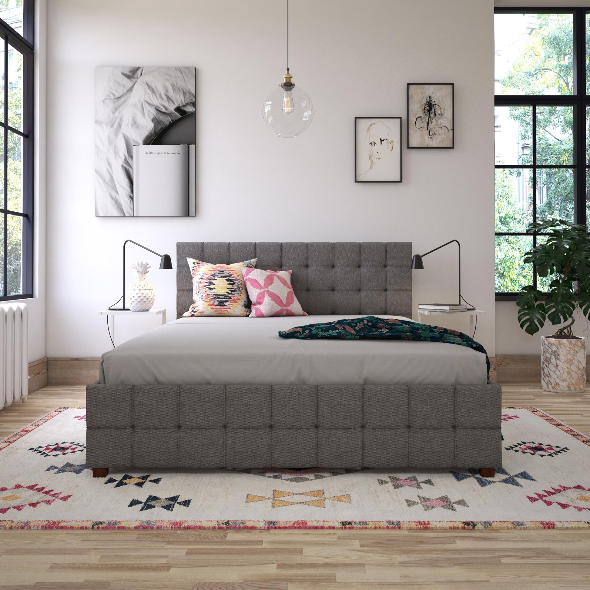 Elizabeth Upholstered Bed with Storage - Grey Linen - Queen