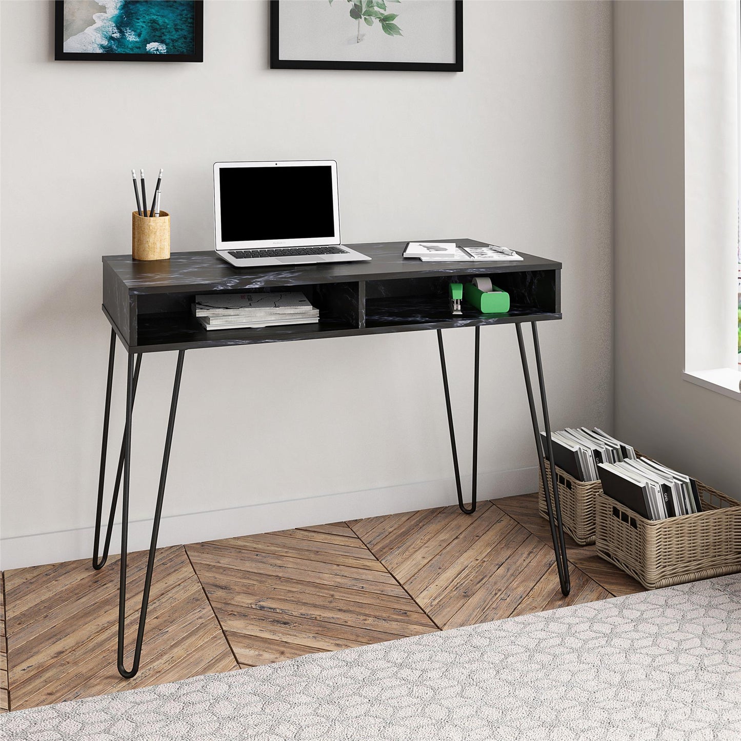 Athena Computer Desk with Storage - Black Marble