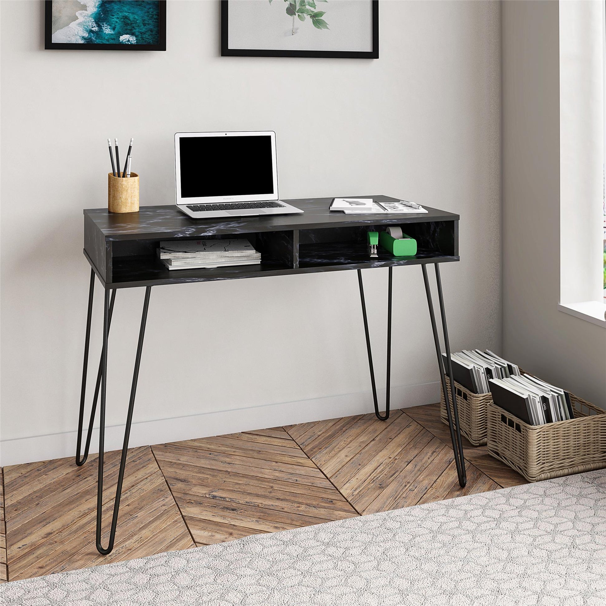 Athena Computer Desk with Storage - Black Marble