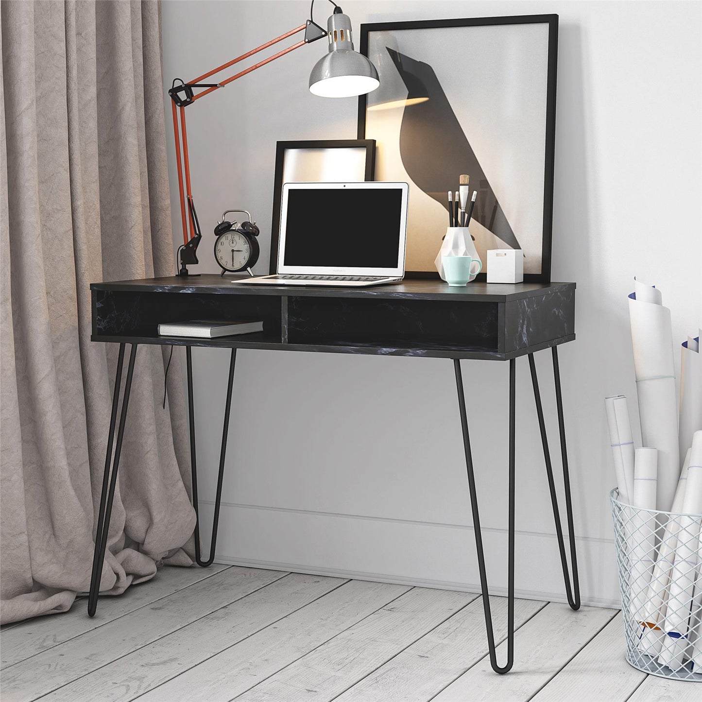 Athena Computer Desk with Storage - Black Marble