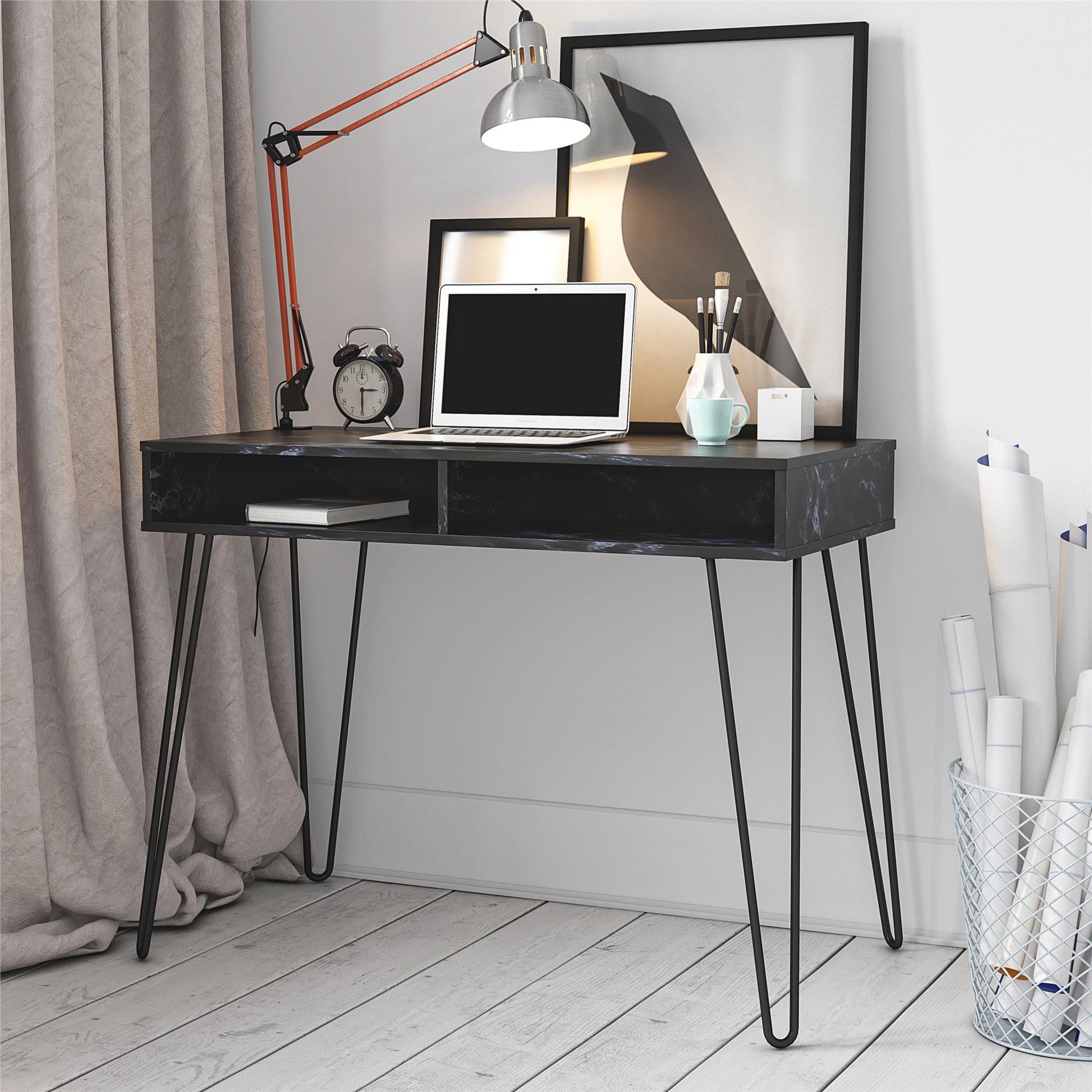 Athena Computer Desk with Storage - Black Marble