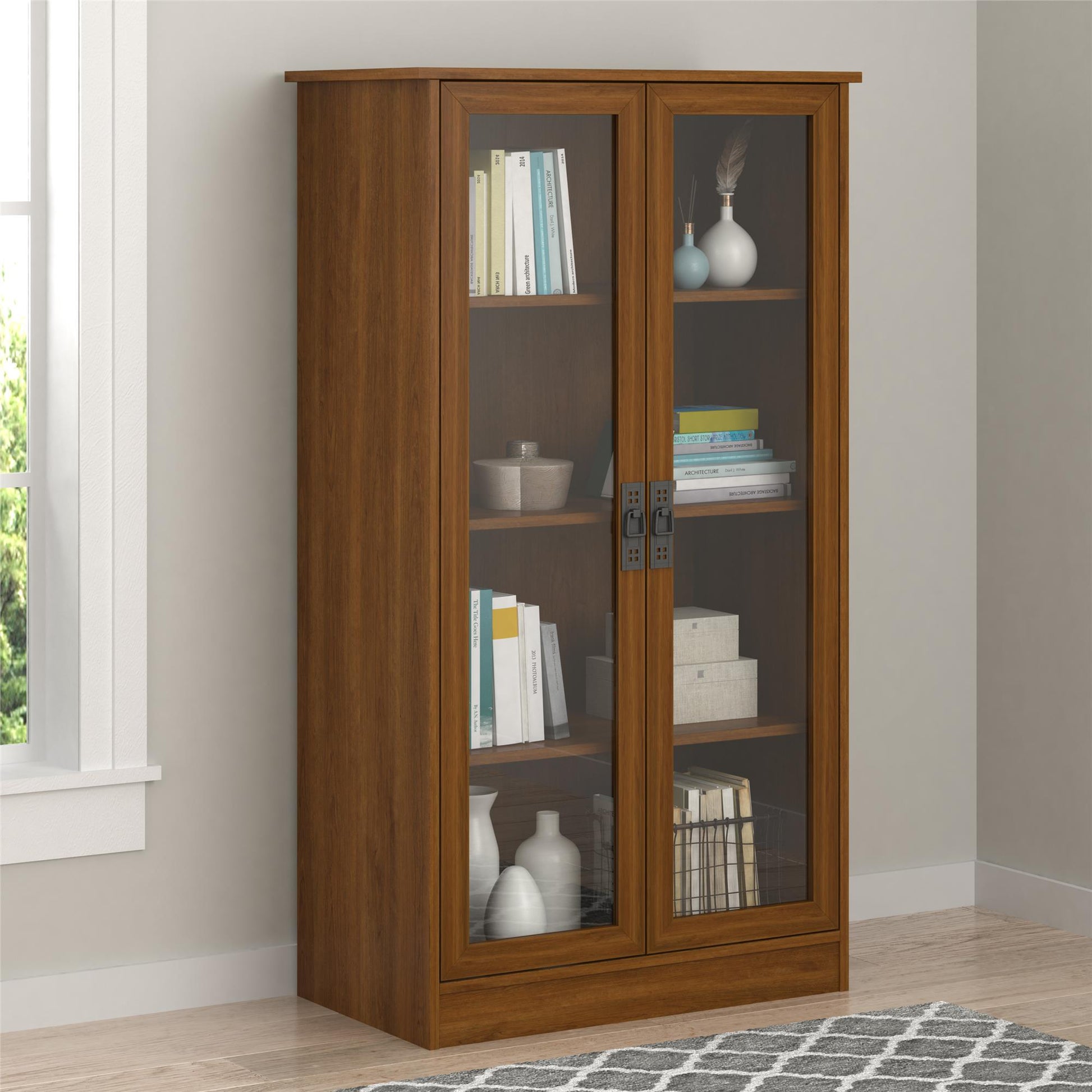 Quinton Point Bookcase with 2 Glass Doors and 4 Shelves - Brown Oak