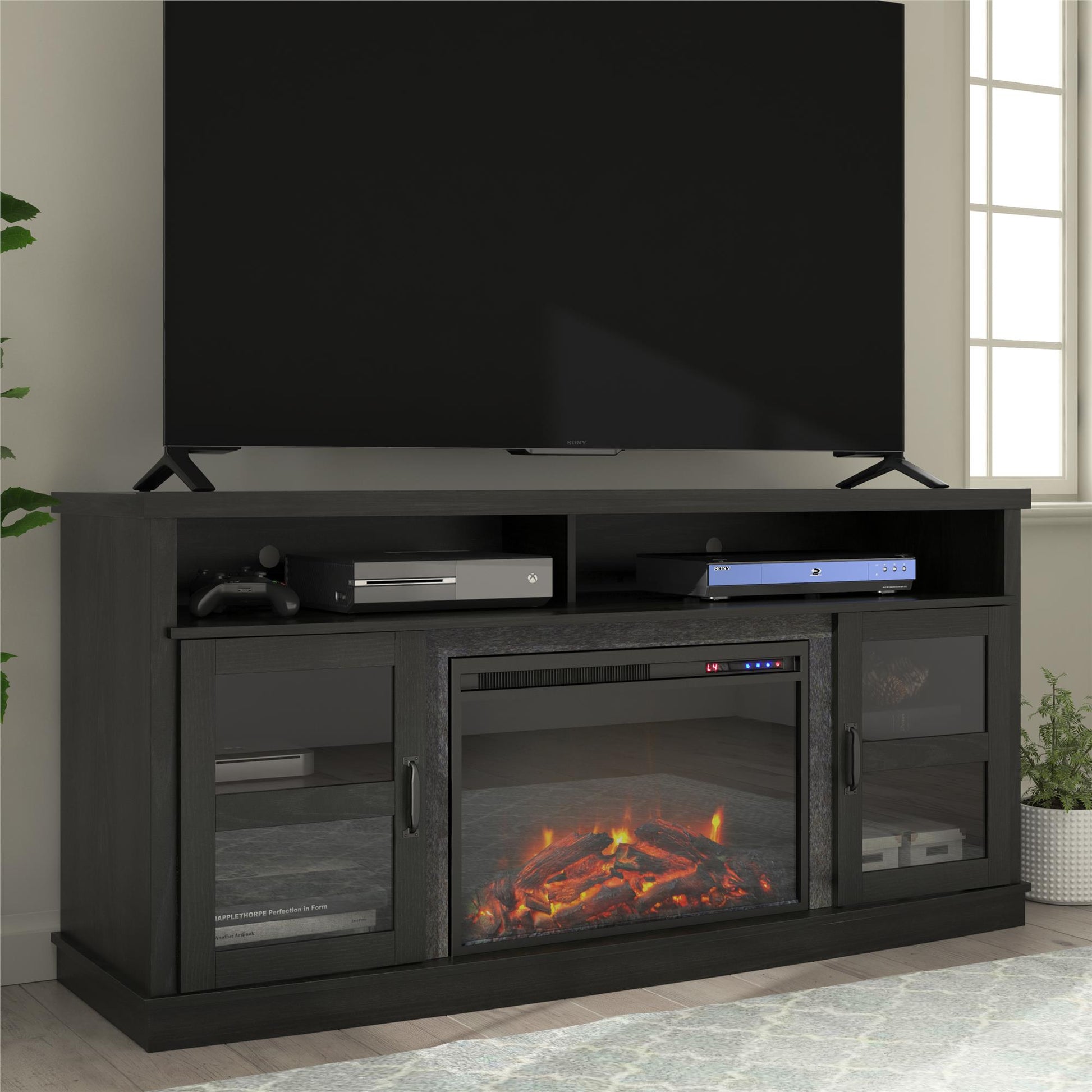 Ayden Park Electric Fireplace TV Stand for TVs up to 65 Inch - Black Oak