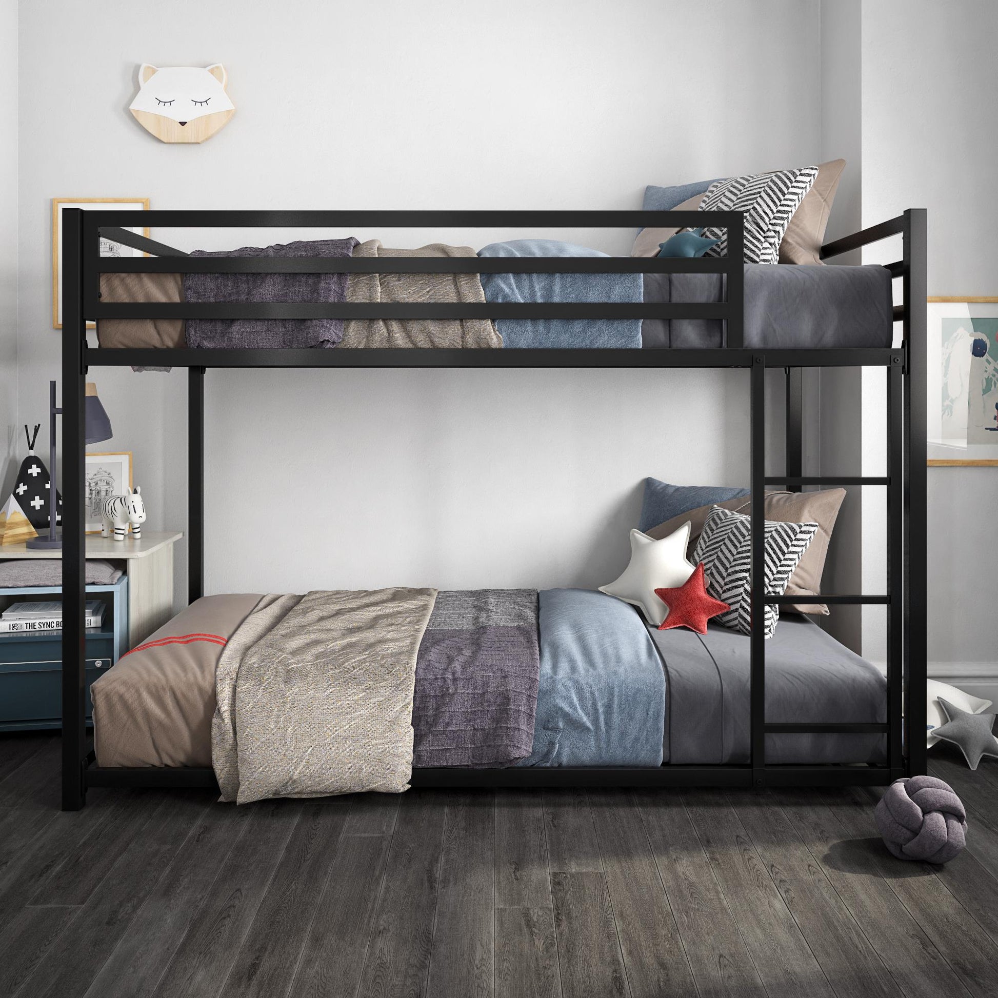 Miles Twin Over Twin Metal Bunk Bed with Secured Metal Slats and Integrated Ladder - Black - Twin-Over-Twin