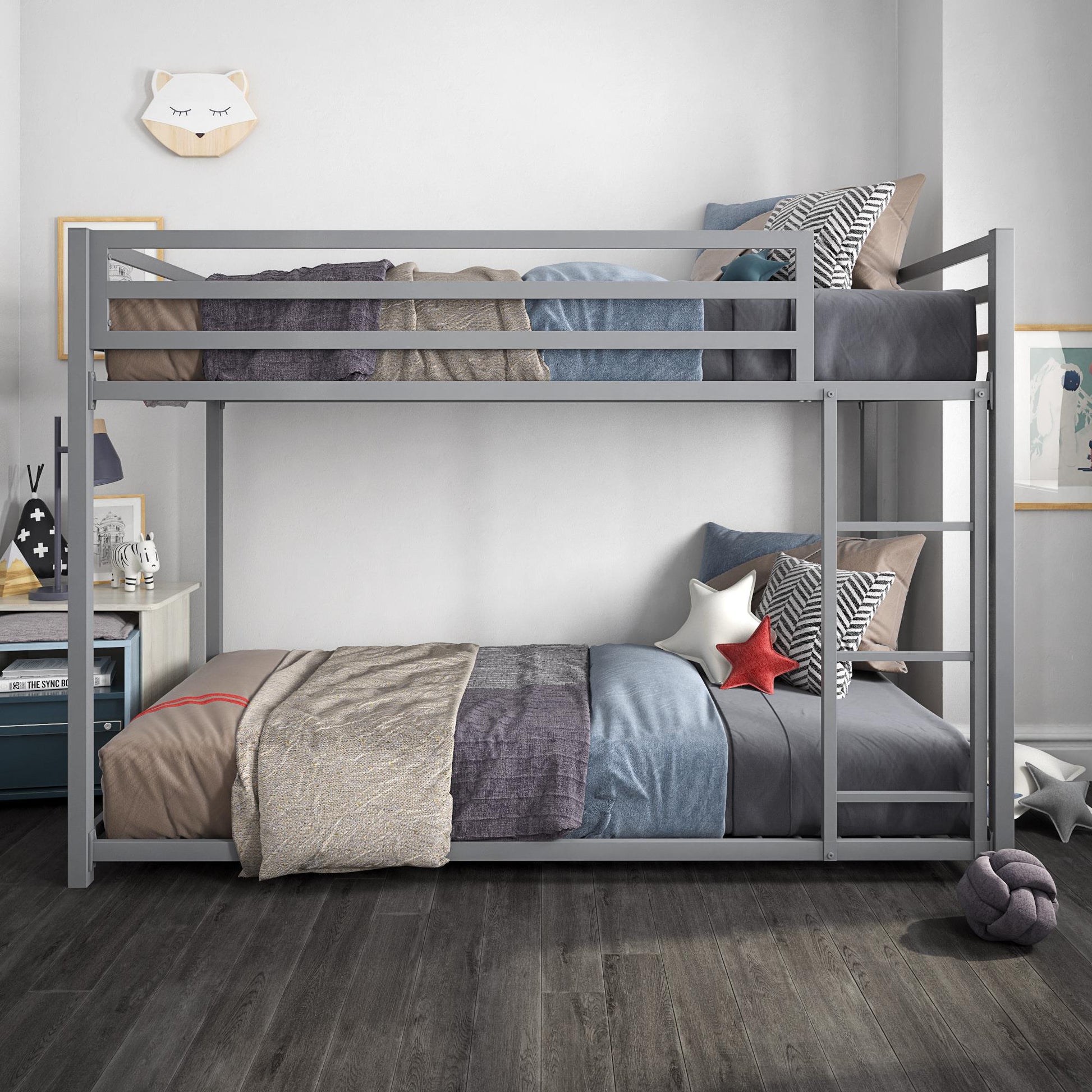 Miles Twin Over Twin Metal Bunk Bed with Secured Metal Slats and Integrated Ladder - Silver - Twin-Over-Twin