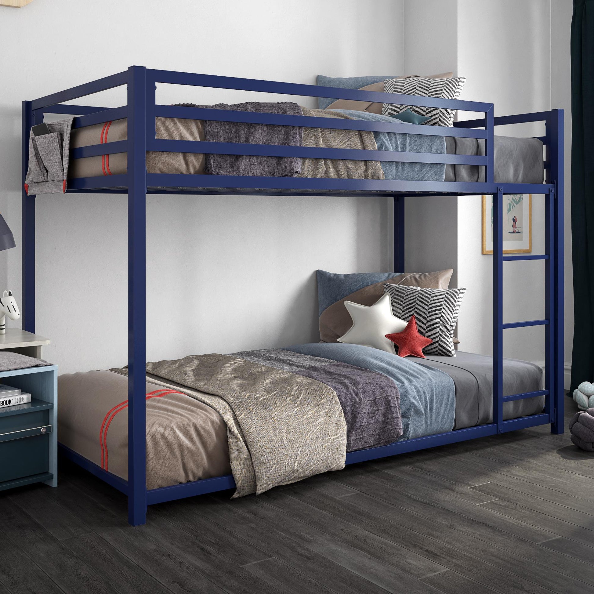 Miles Twin Over Twin Metal Bunk Bed with Secured Metal Slats and Integrated Ladder - Blue - Twin-Over-Twin