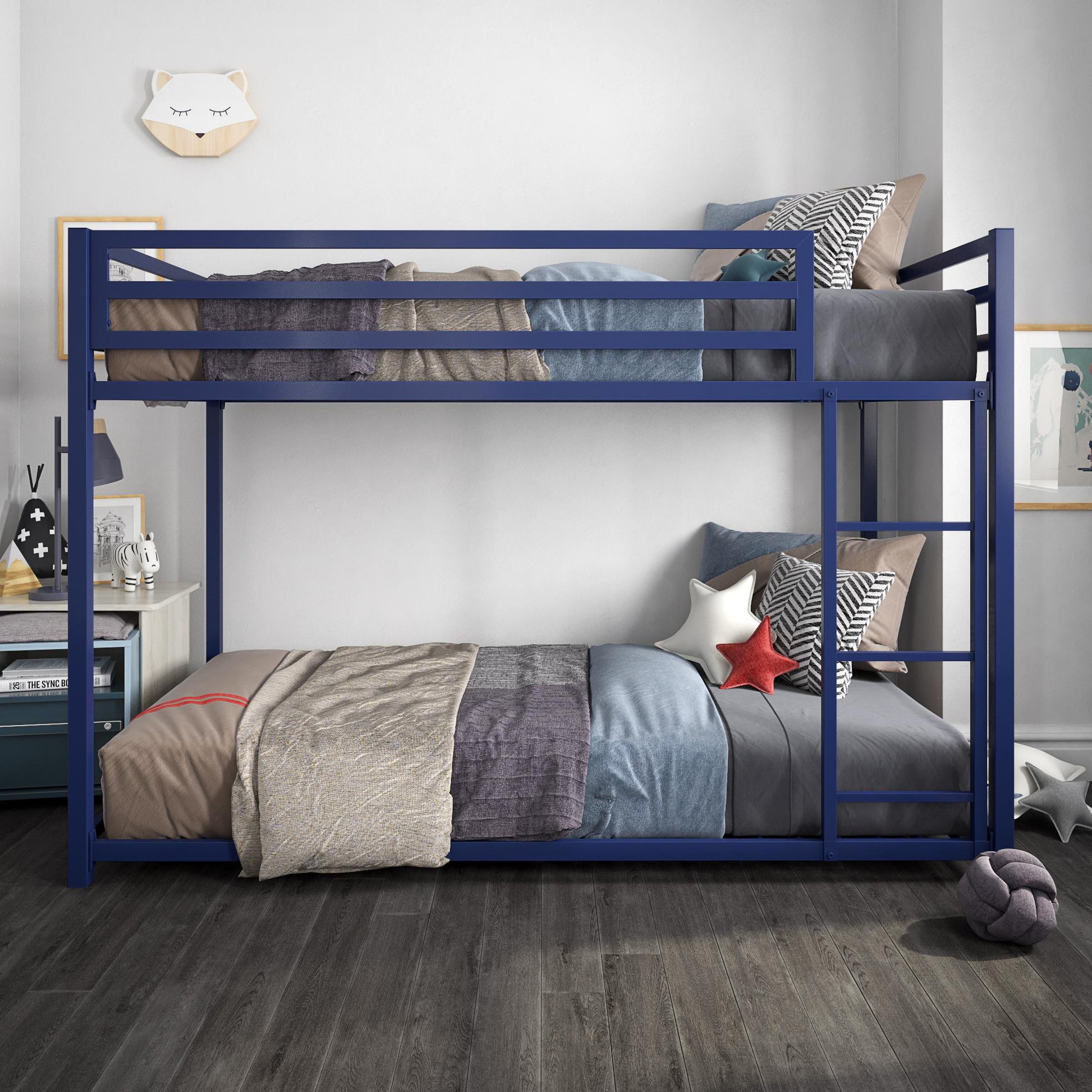 Miles Twin Over Twin Metal Bunk Bed with Secured Metal Slats and Integrated Ladder - Blue - Twin-Over-Twin