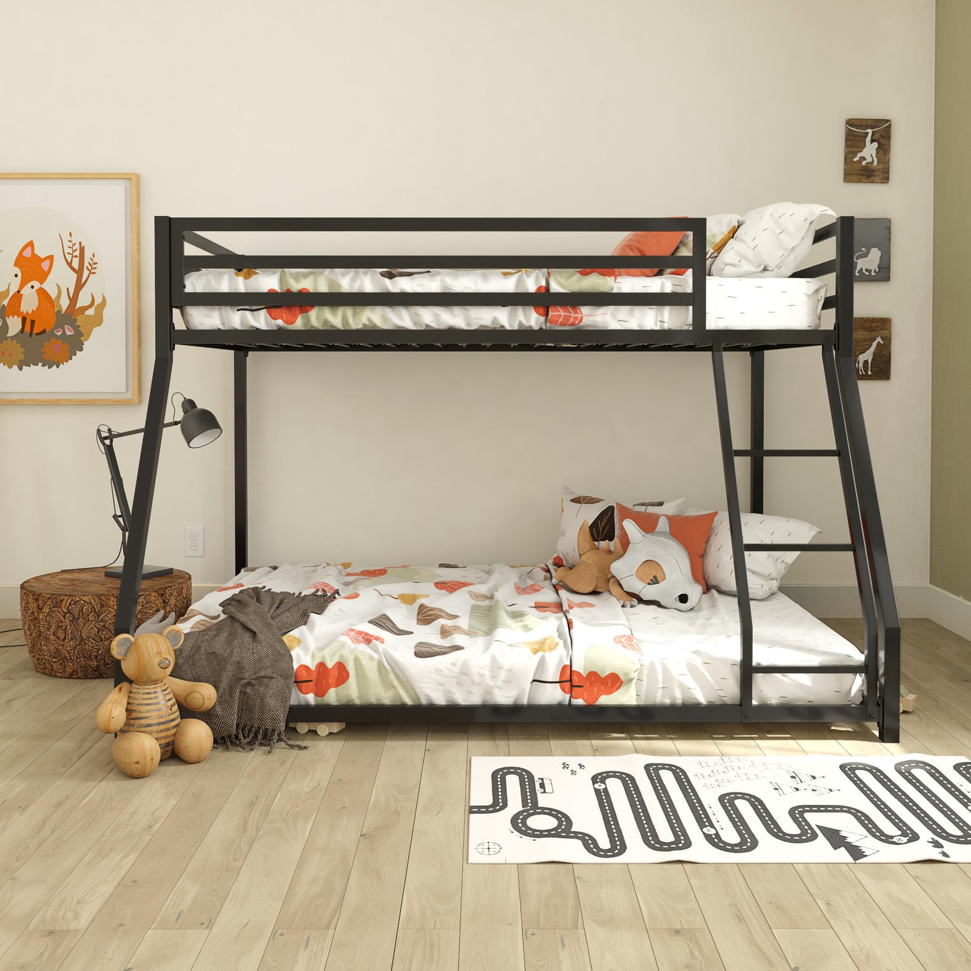 Miles Twin Over Twin Metal Bunk Bed with Secured Metal Slats and Integrated Ladder - Black - Twin-Over-Full