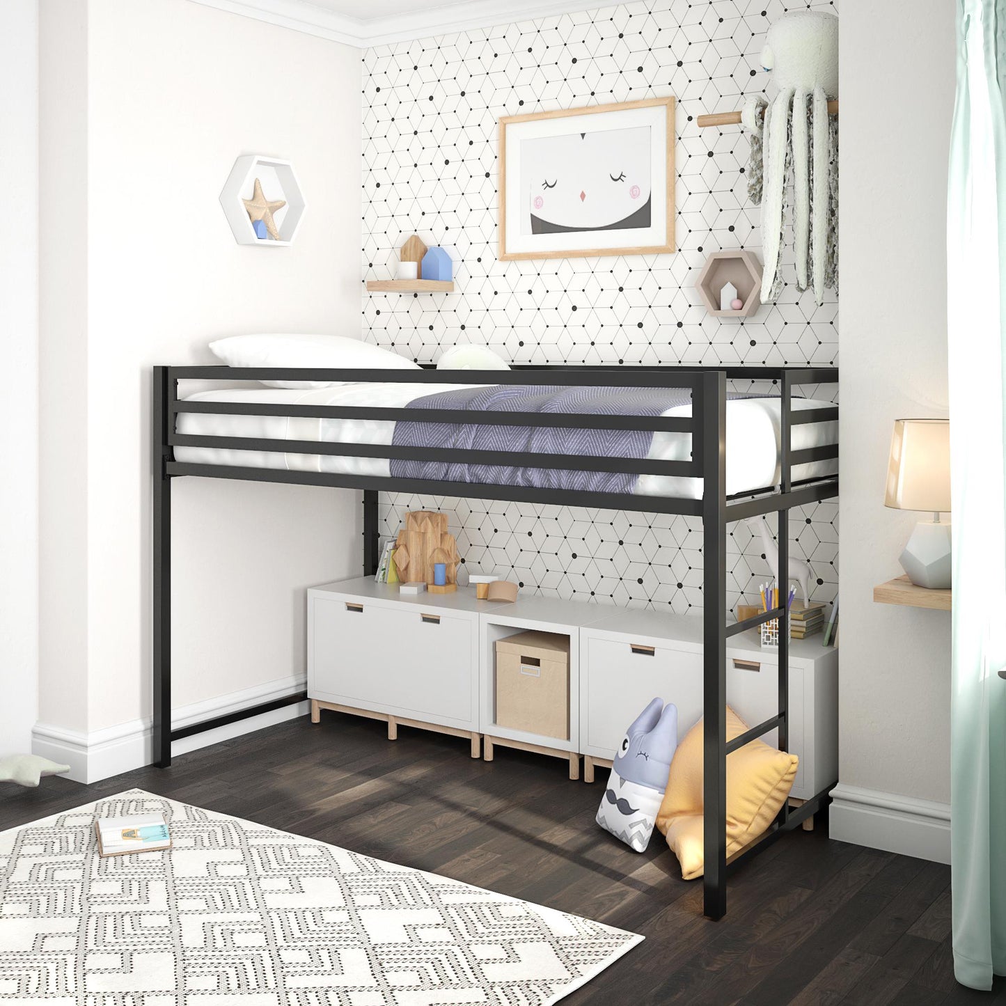 Miles Metal Junior Twin Loft Bed with Integrated Ladder - Black - Twin