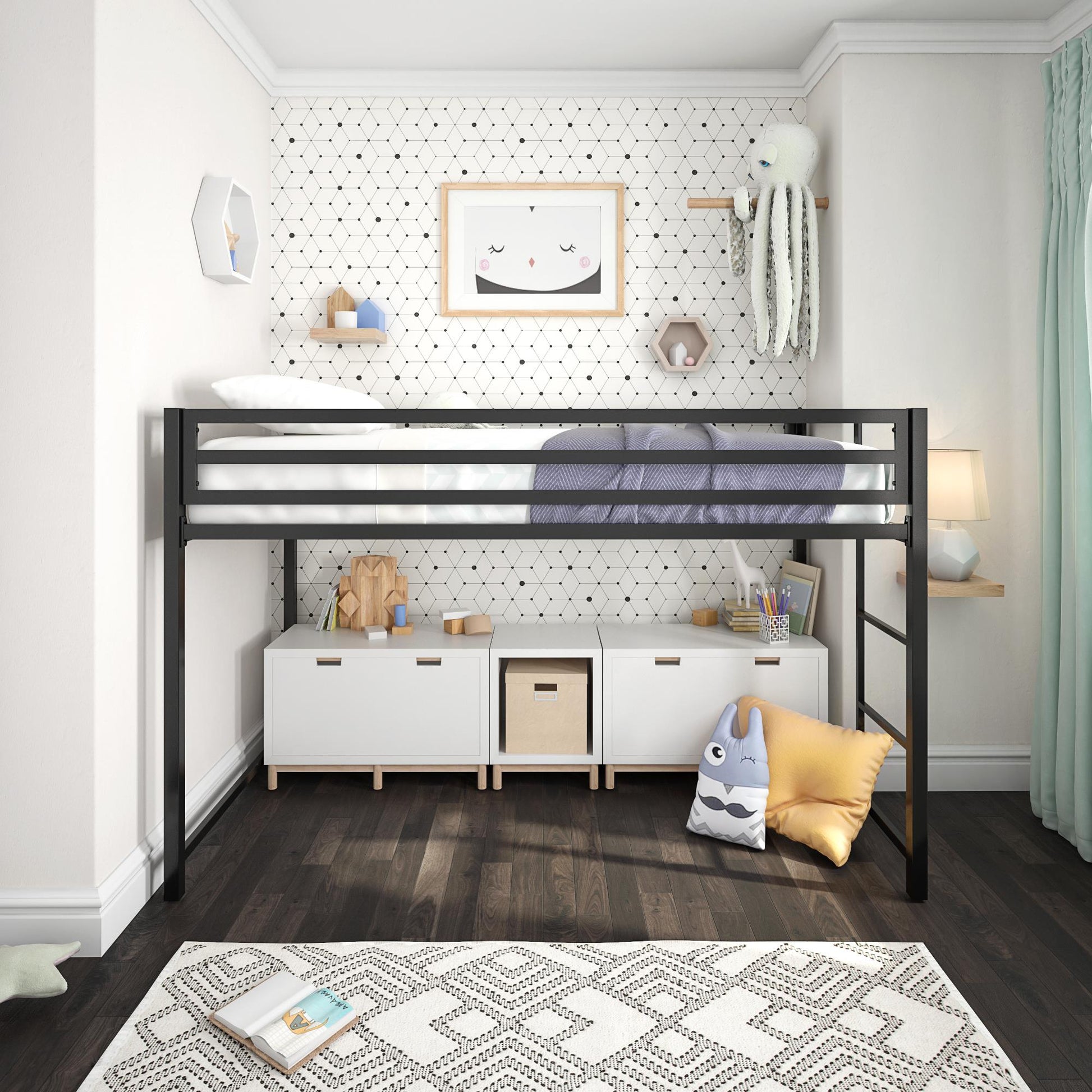 Miles Metal Junior Twin Loft Bed with Integrated Ladder - Black - Twin