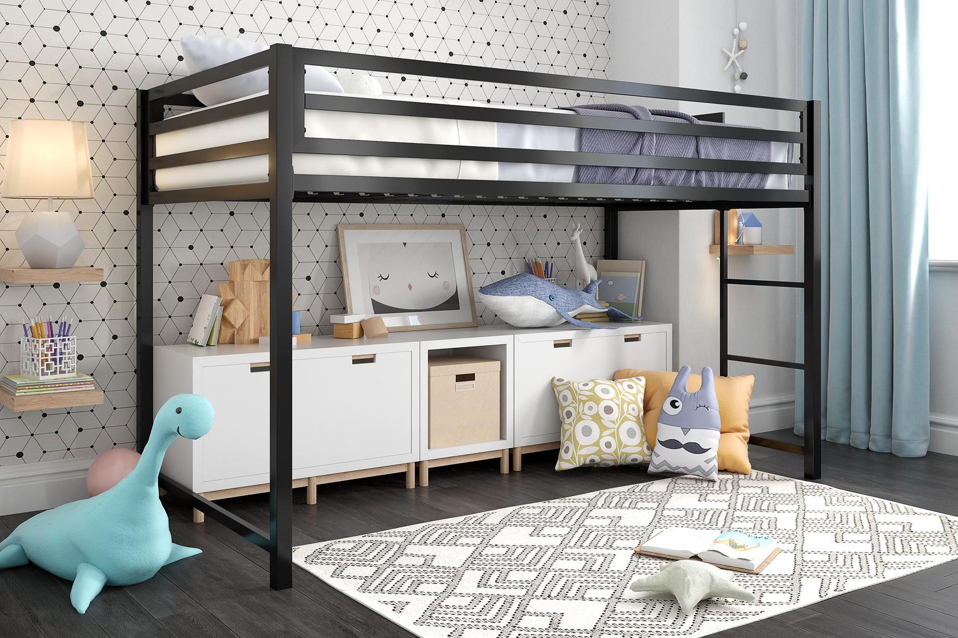 Miles Metal Junior Twin Loft Bed with Integrated Ladder - Black - Twin