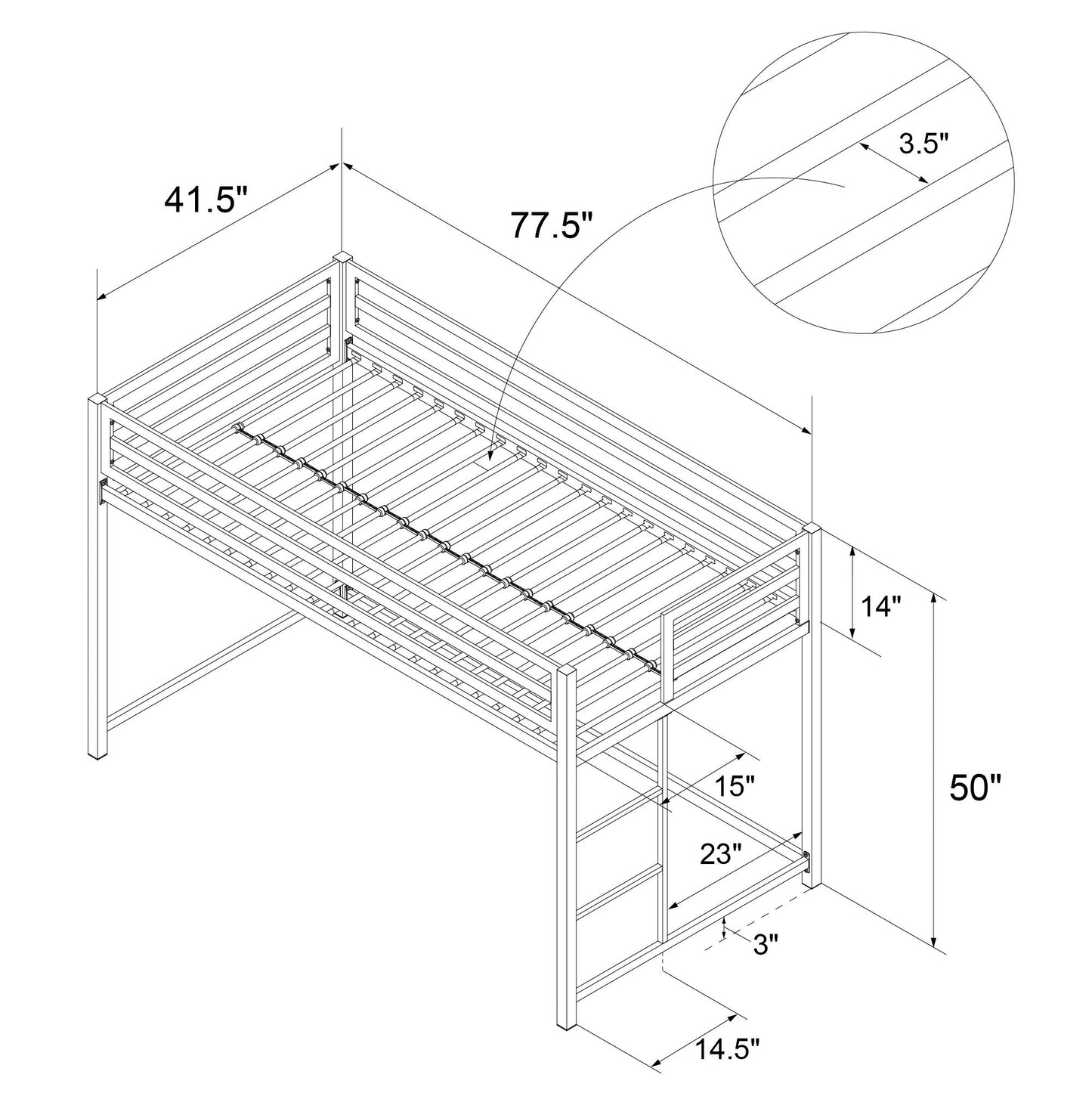 Miles Metal Junior Twin Loft Bed with Integrated Ladder - Black - Twin