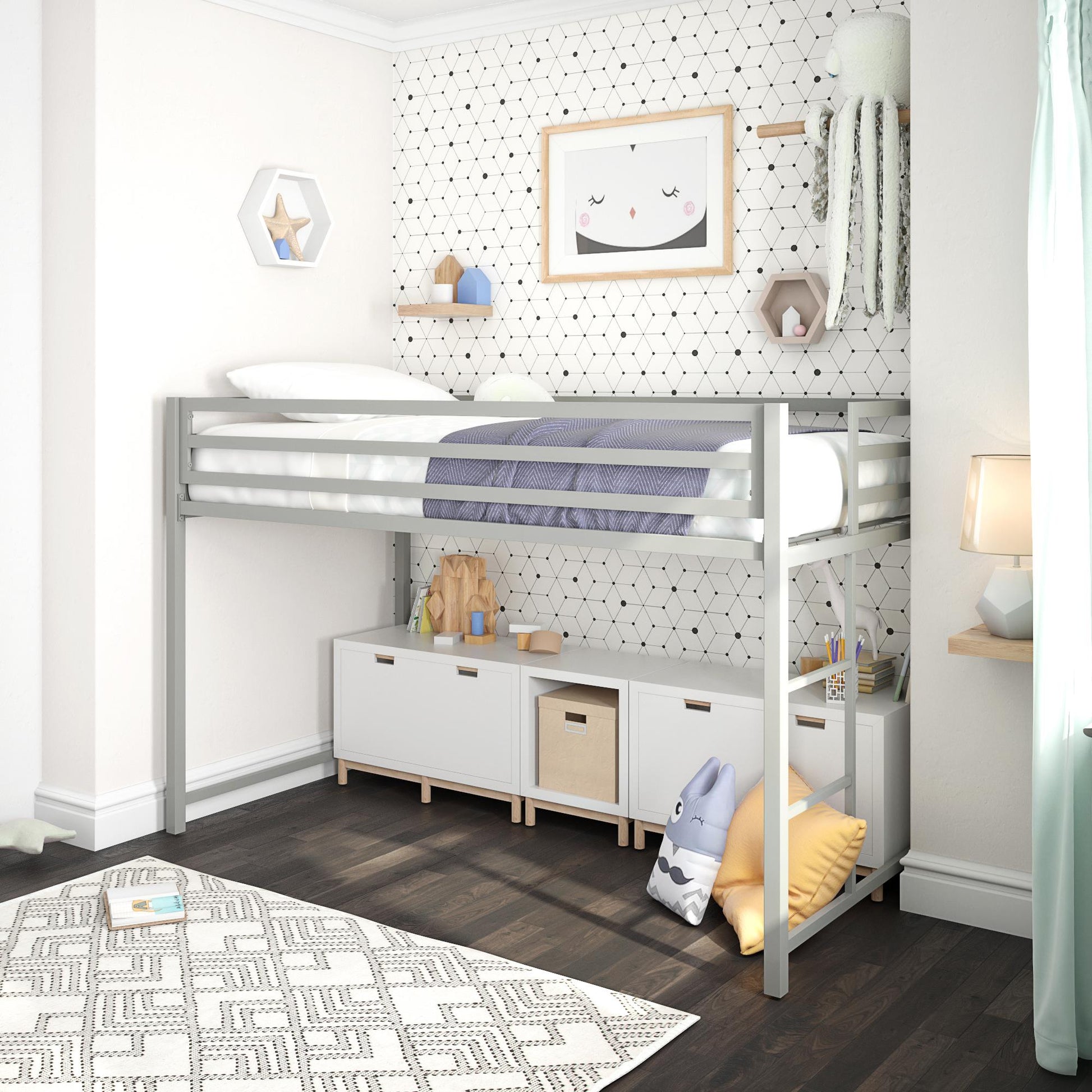 Miles Metal Junior Twin Loft Bed with Integrated Ladder - Silver - Twin